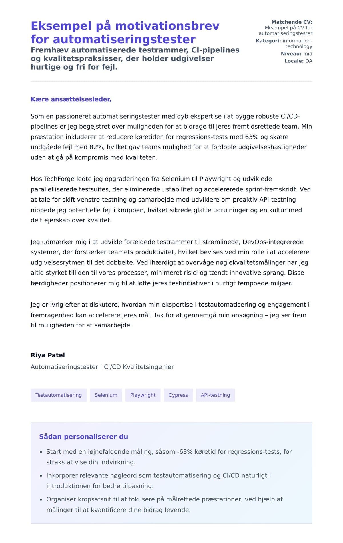 Ansøgningsbrev forhåndsvisning for Eksempel på motivationsbrev for automatiseringstester