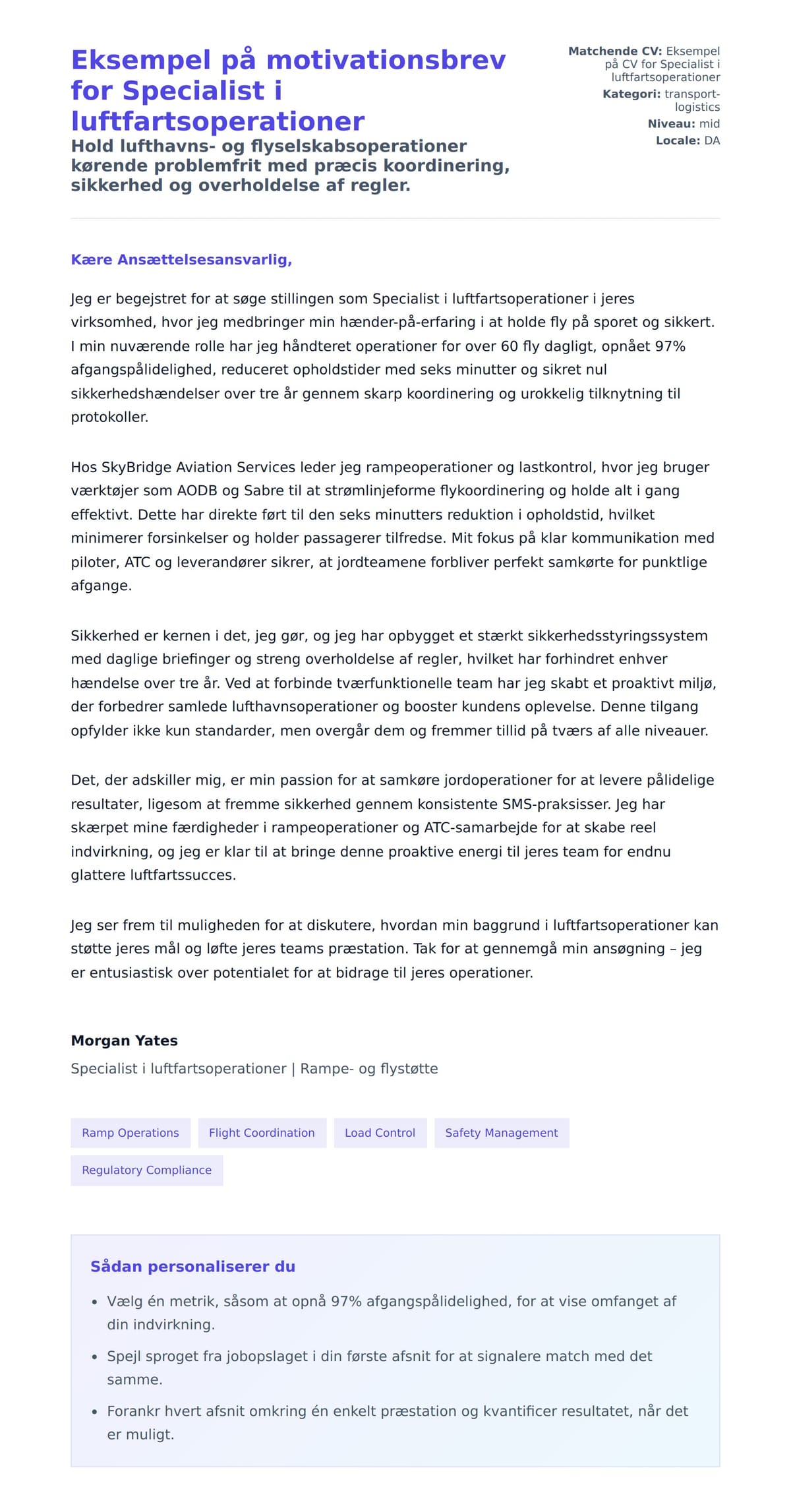 Ansøgningsbrev forhåndsvisning for Eksempel på motivationsbrev for Specialist i luftfartsoperationer