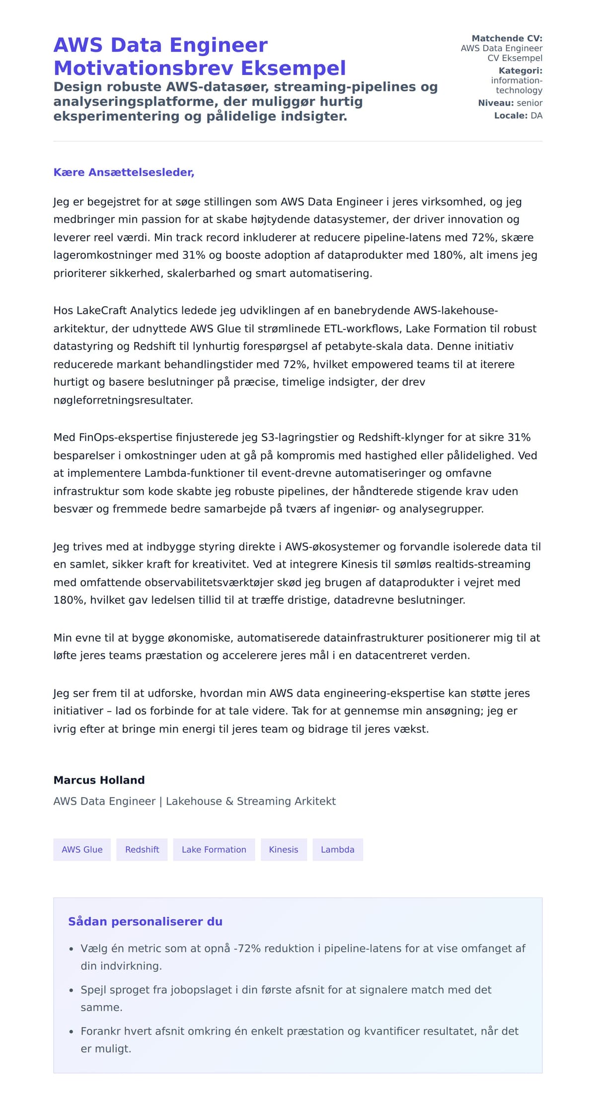 Ansøgningsbrev forhåndsvisning for AWS Data Engineer Motivationsbrev Eksempel