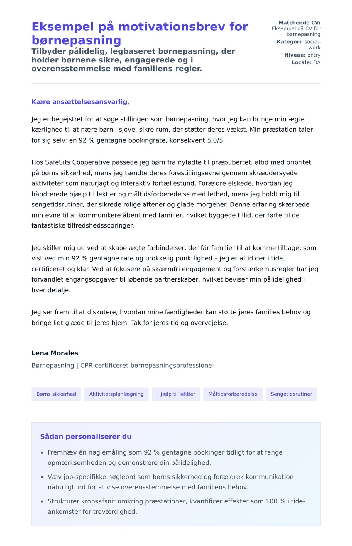 Ansøgningsbrev forhåndsvisning for Eksempel på motivationsbrev for børnepasning