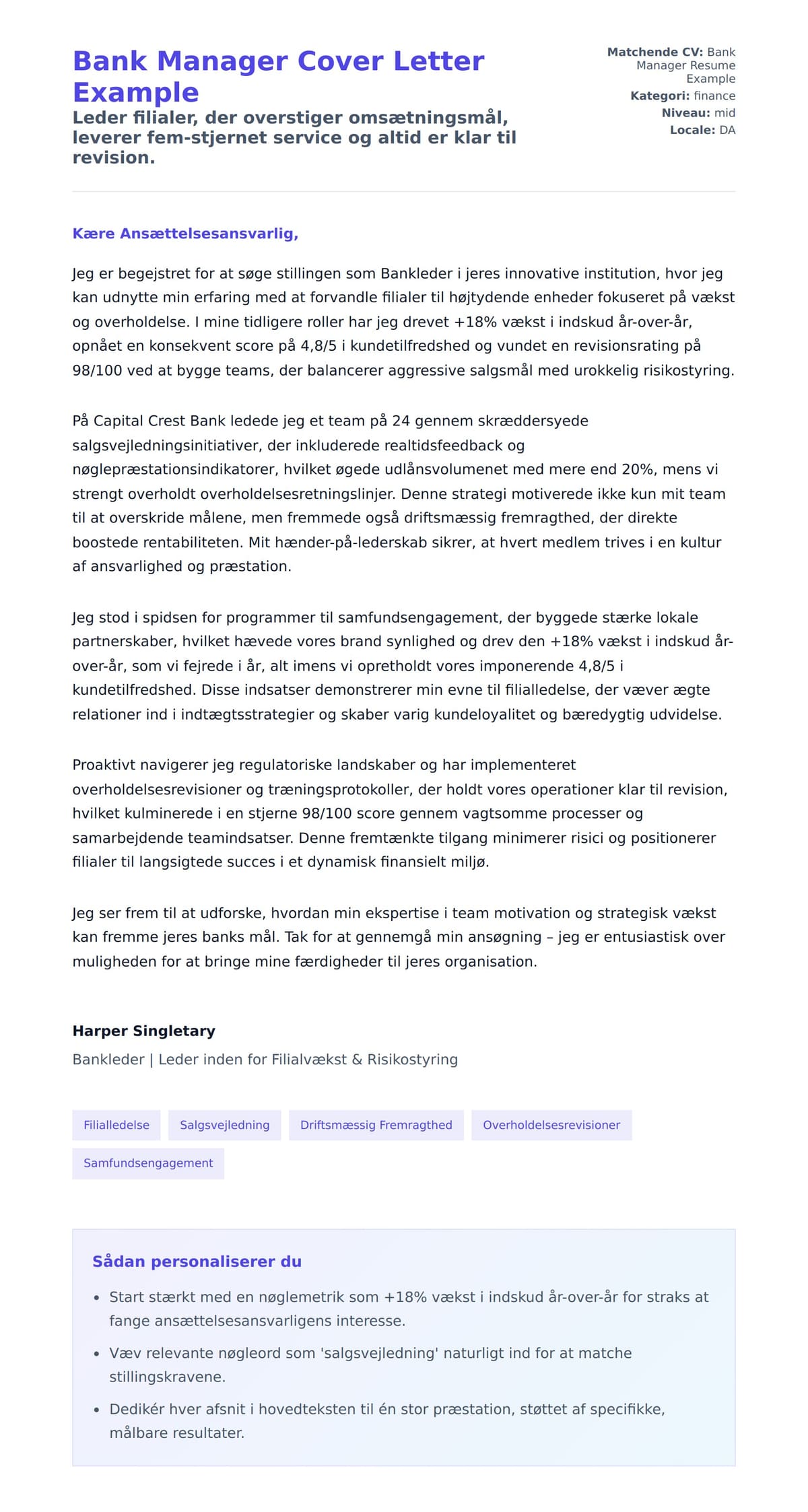 Ansøgningsbrev forhåndsvisning for Bank Manager Cover Letter Example