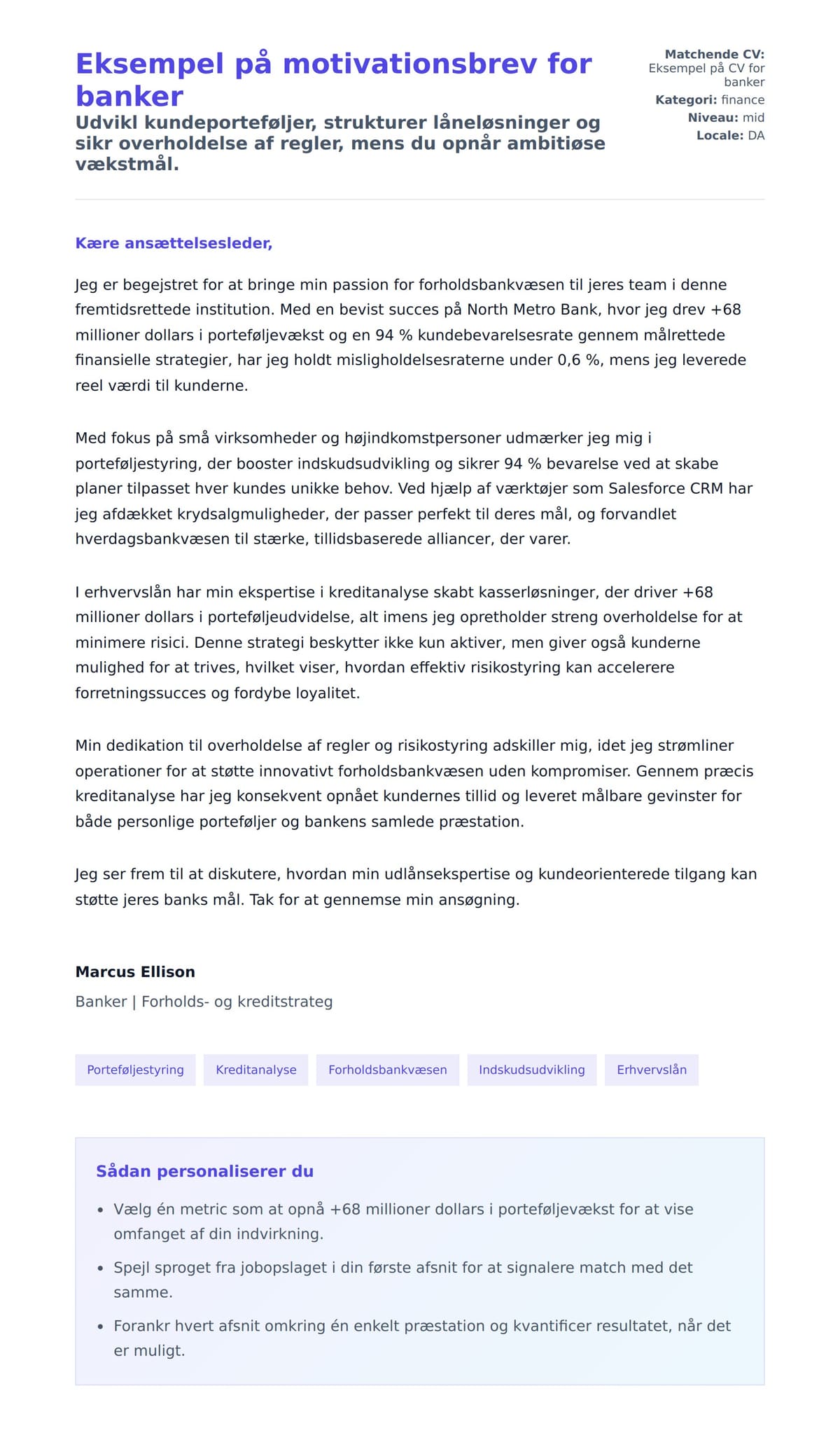 Ansøgningsbrev forhåndsvisning for Eksempel på motivationsbrev for banker