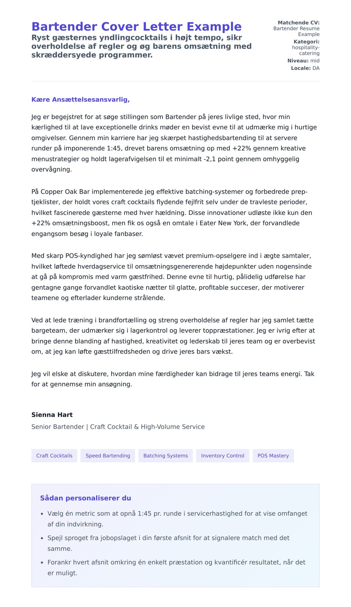Ansøgningsbrev forhåndsvisning for Bartender Cover Letter Example