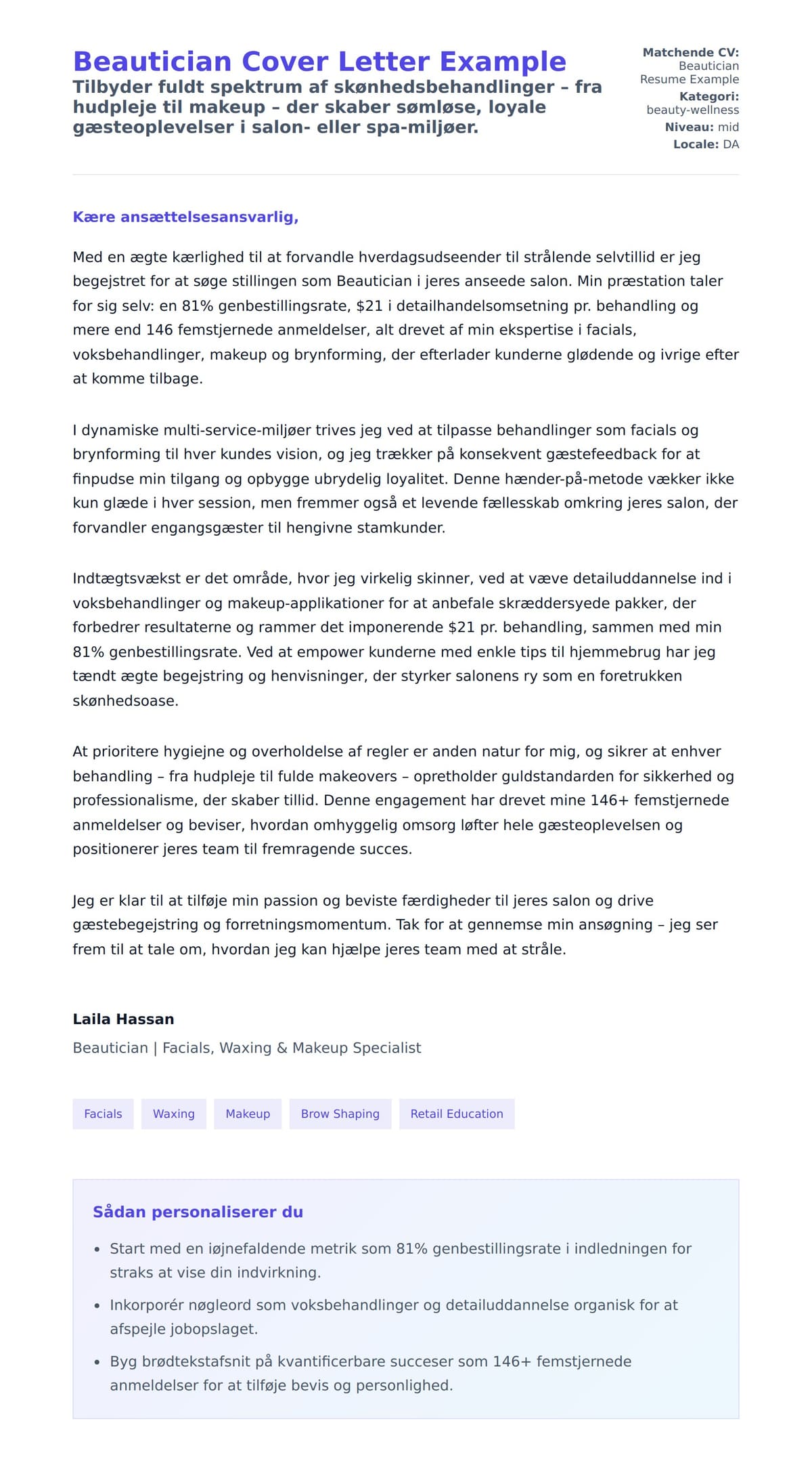 Ansøgningsbrev forhåndsvisning for Beautician Cover Letter Example