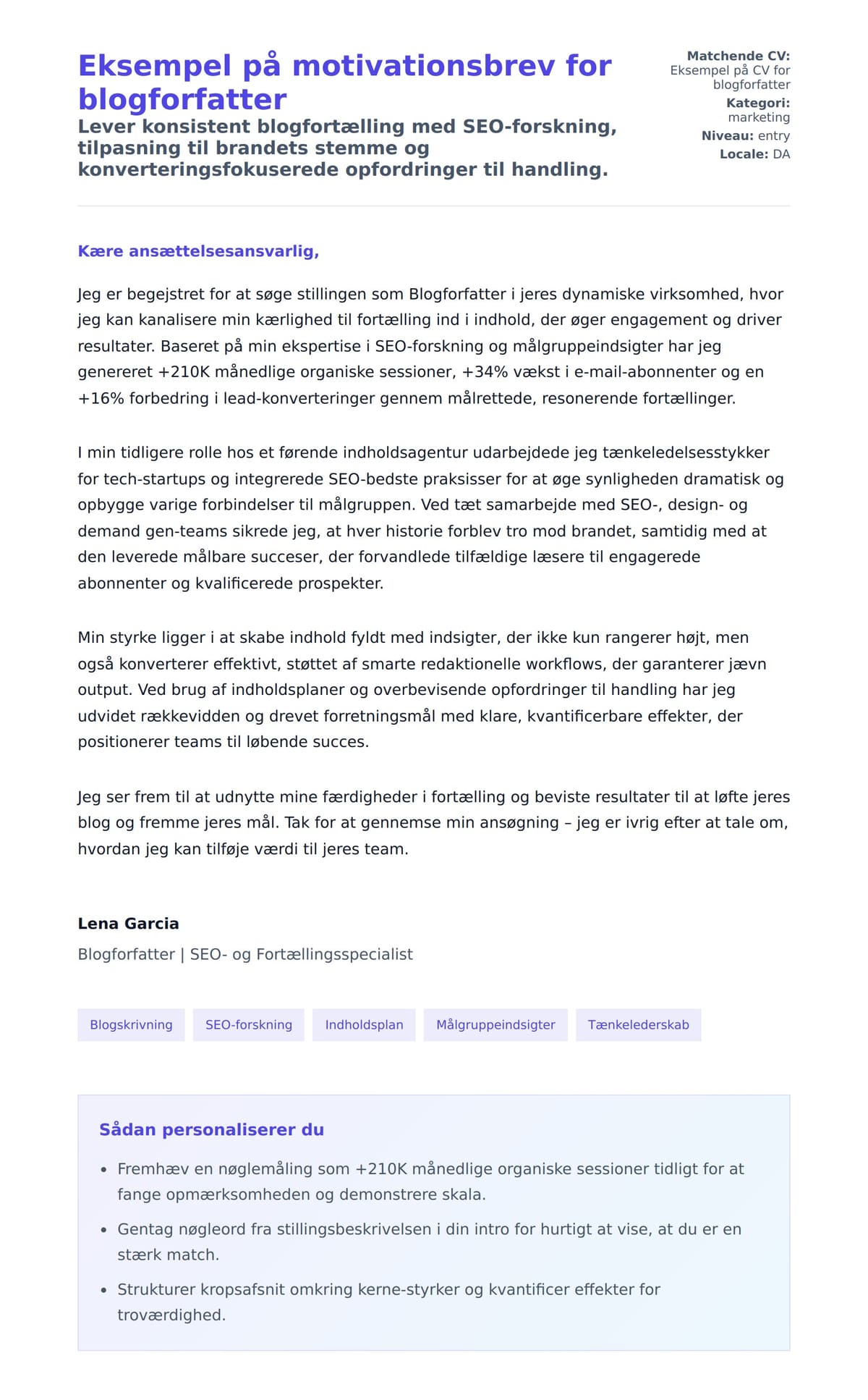 Ansøgningsbrev forhåndsvisning for Eksempel på motivationsbrev for blogforfatter