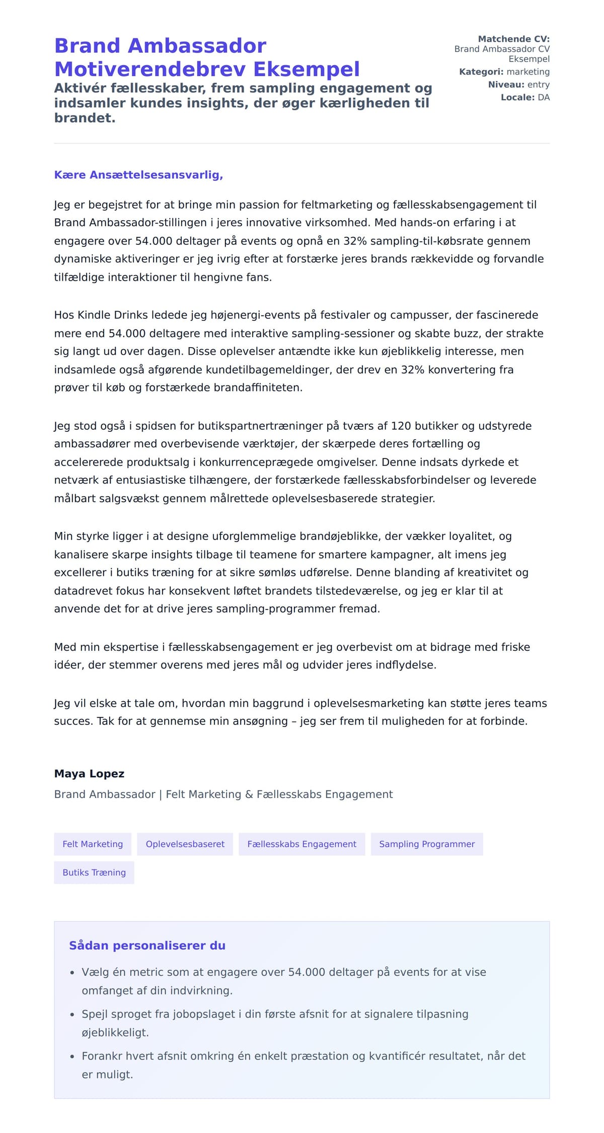 Ansøgningsbrev forhåndsvisning for Brand Ambassador Motiverendebrev Eksempel