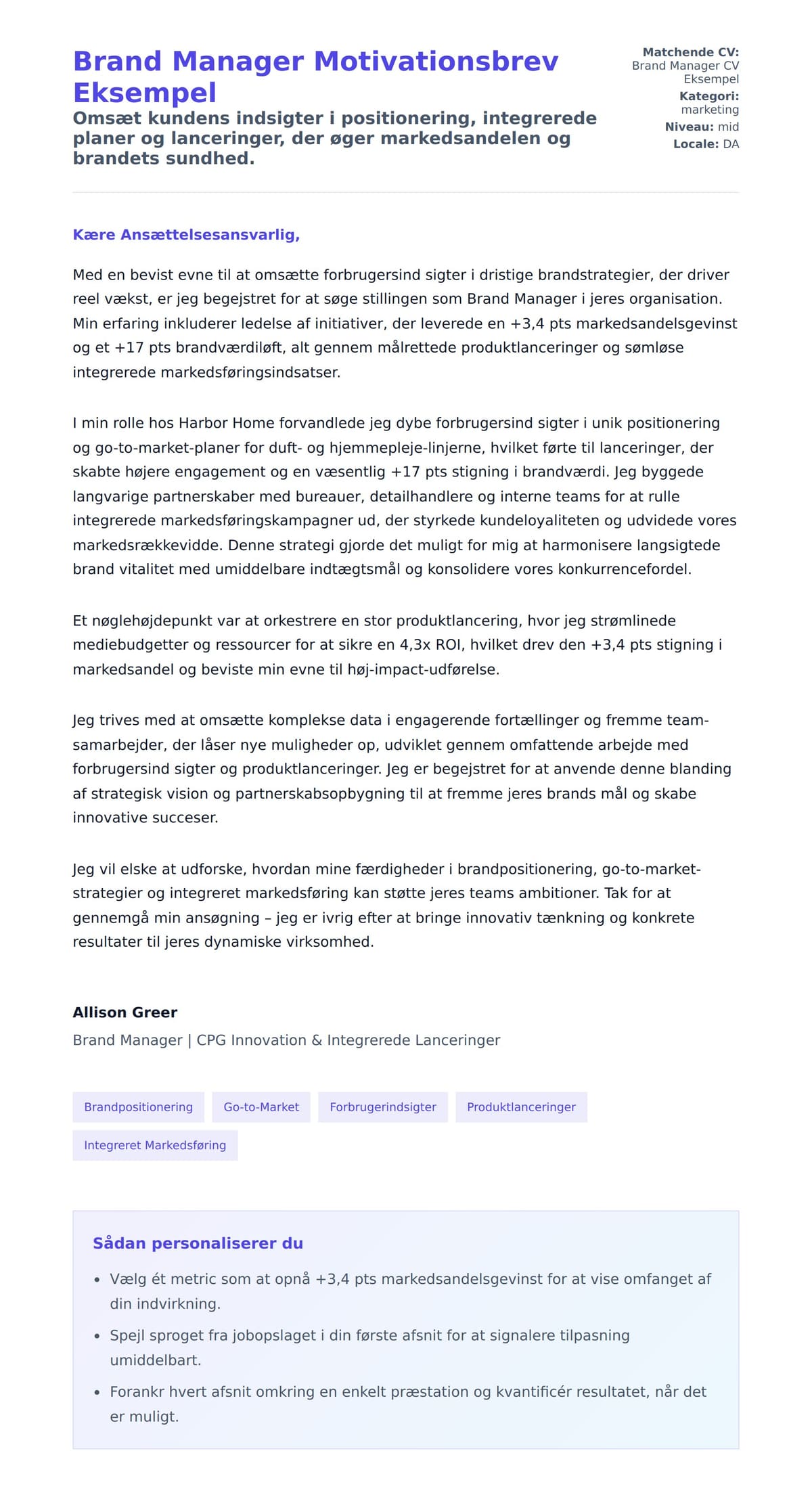 Ansøgningsbrev forhåndsvisning for Brand Manager Motivationsbrev Eksempel
