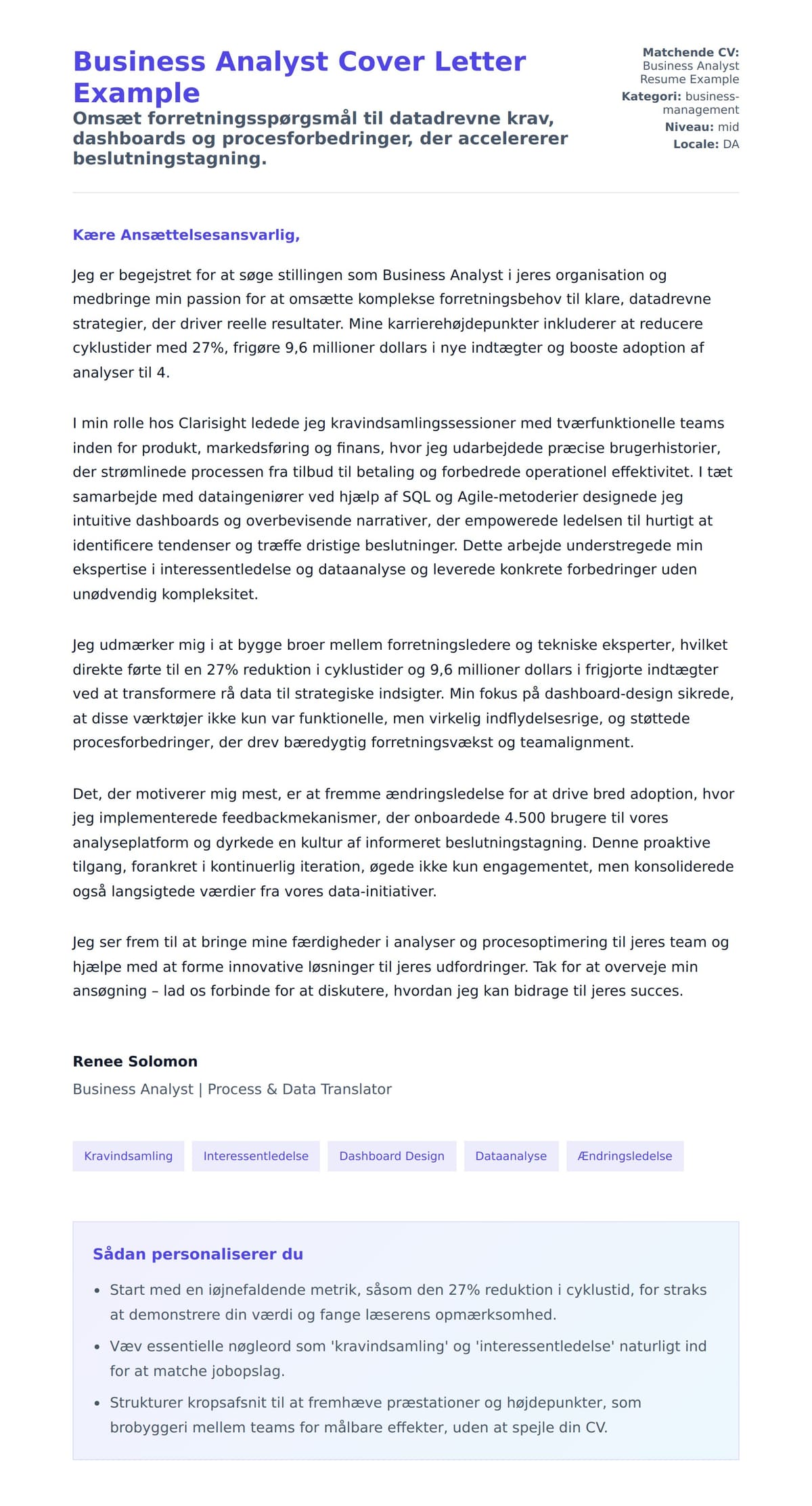 Ansøgningsbrev forhåndsvisning for Business Analyst Cover Letter Example