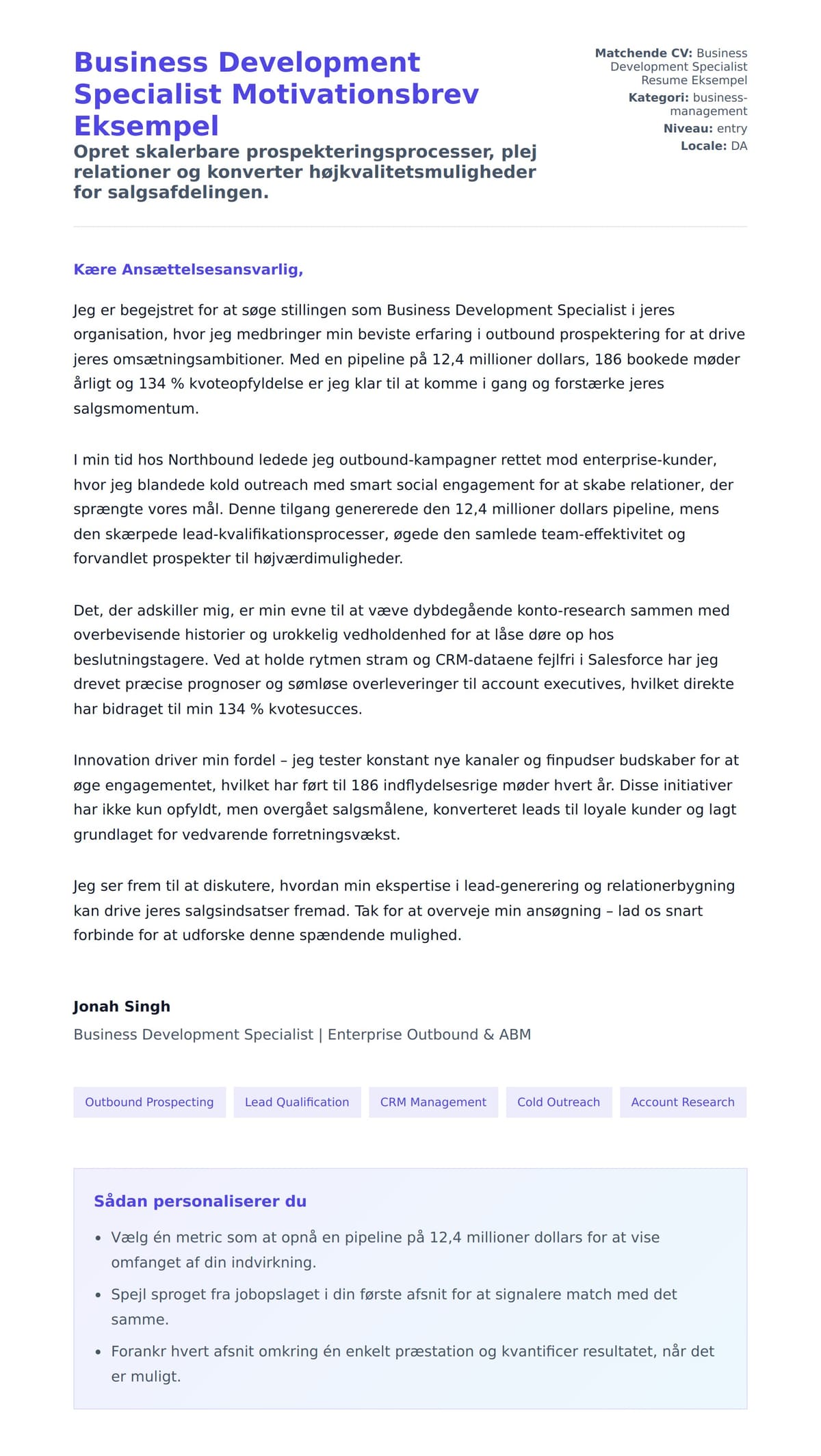 Ansøgningsbrev forhåndsvisning for Business Development Specialist Motivationsbrev Eksempel
