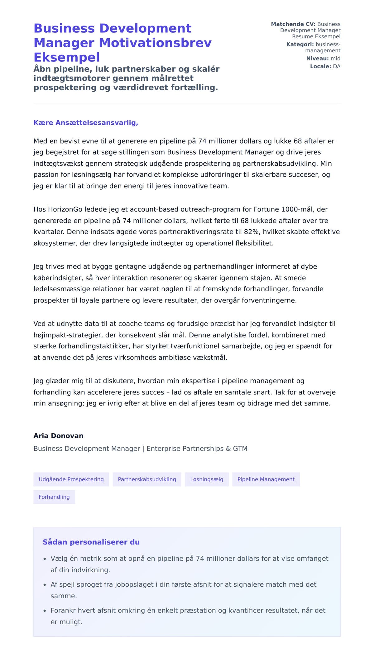 Ansøgningsbrev forhåndsvisning for Business Development Manager Motivationsbrev Eksempel