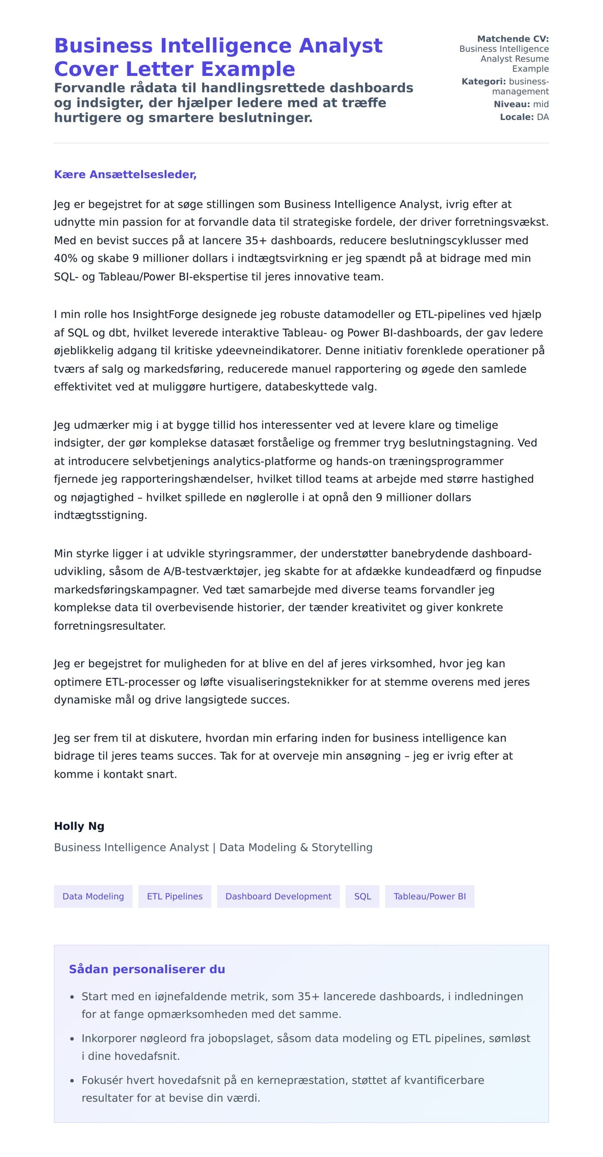 Ansøgningsbrev forhåndsvisning for Business Intelligence Analyst Cover Letter Example