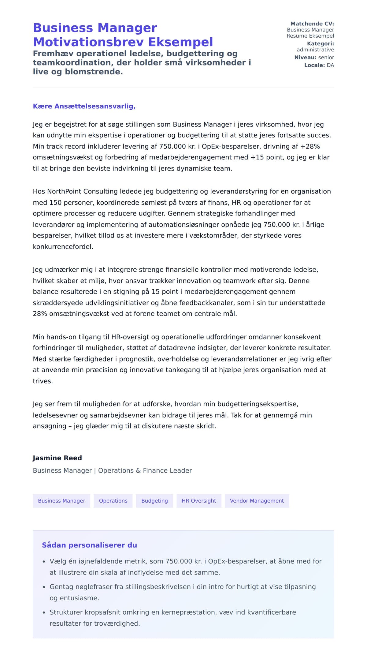 Ansøgningsbrev forhåndsvisning for Business Manager Motivationsbrev Eksempel