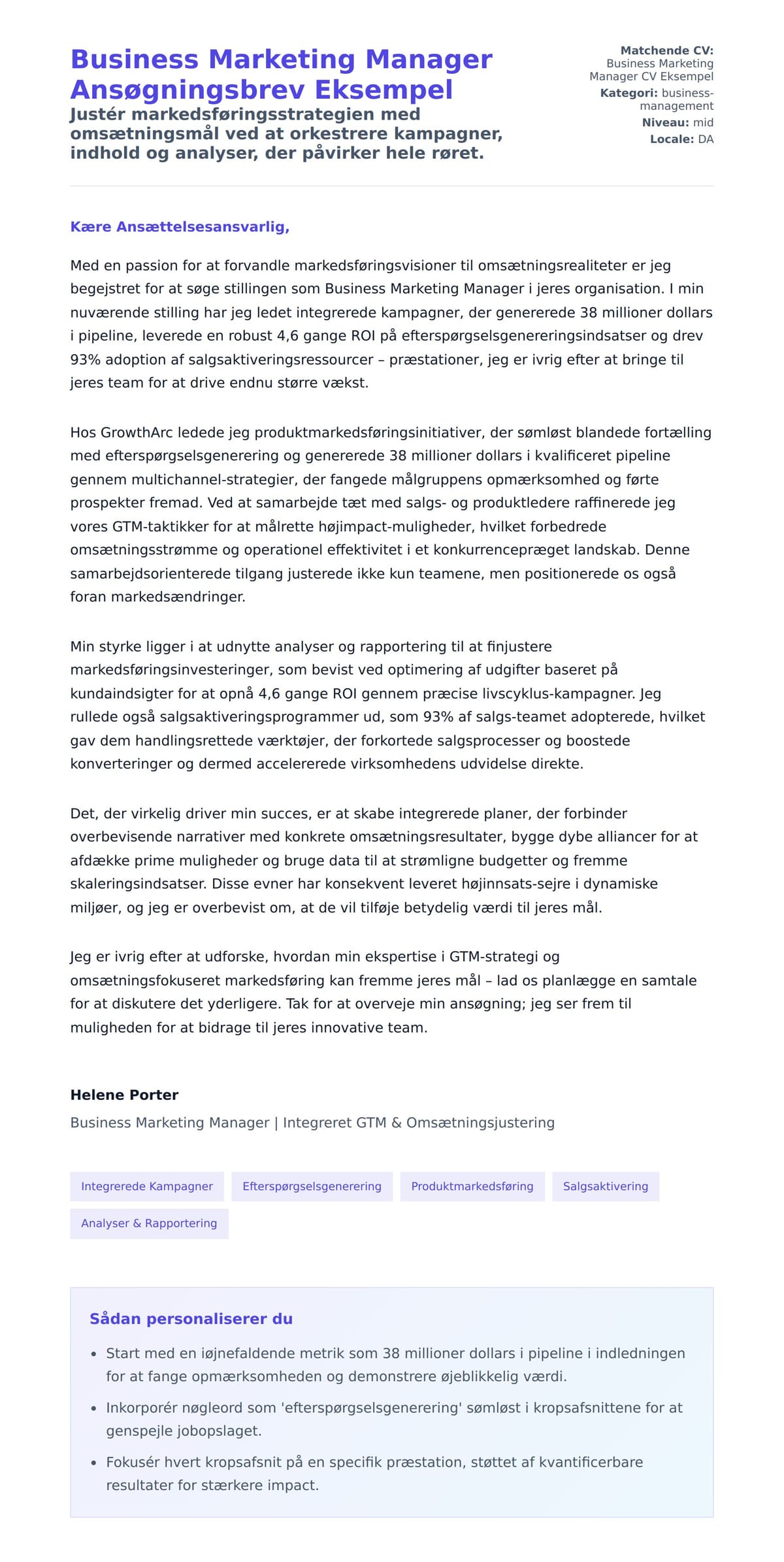 Ansøgningsbrev forhåndsvisning for Business Marketing Manager Ansøgningsbrev Eksempel