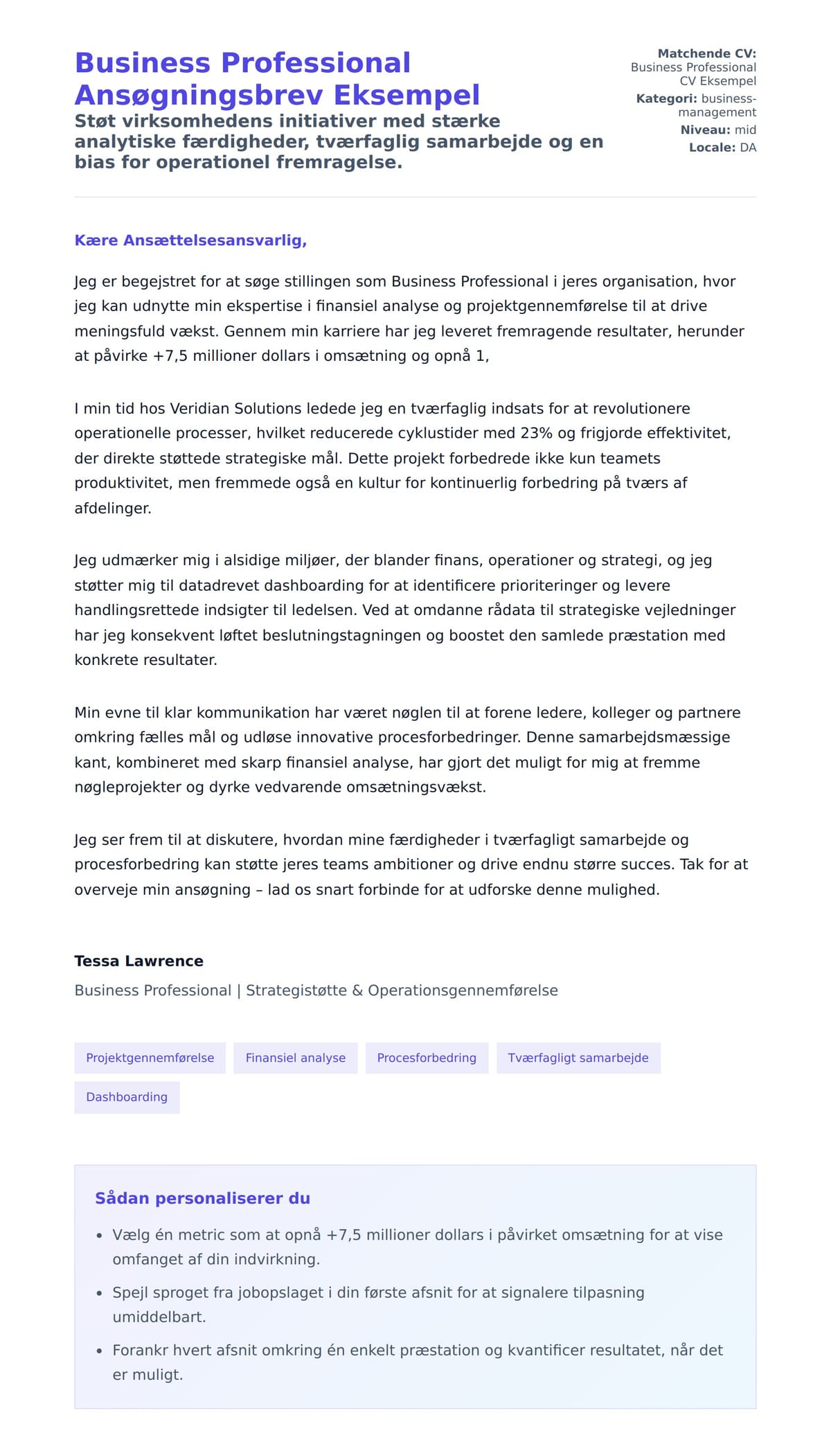 Ansøgningsbrev forhåndsvisning for Business Professional Ansøgningsbrev Eksempel