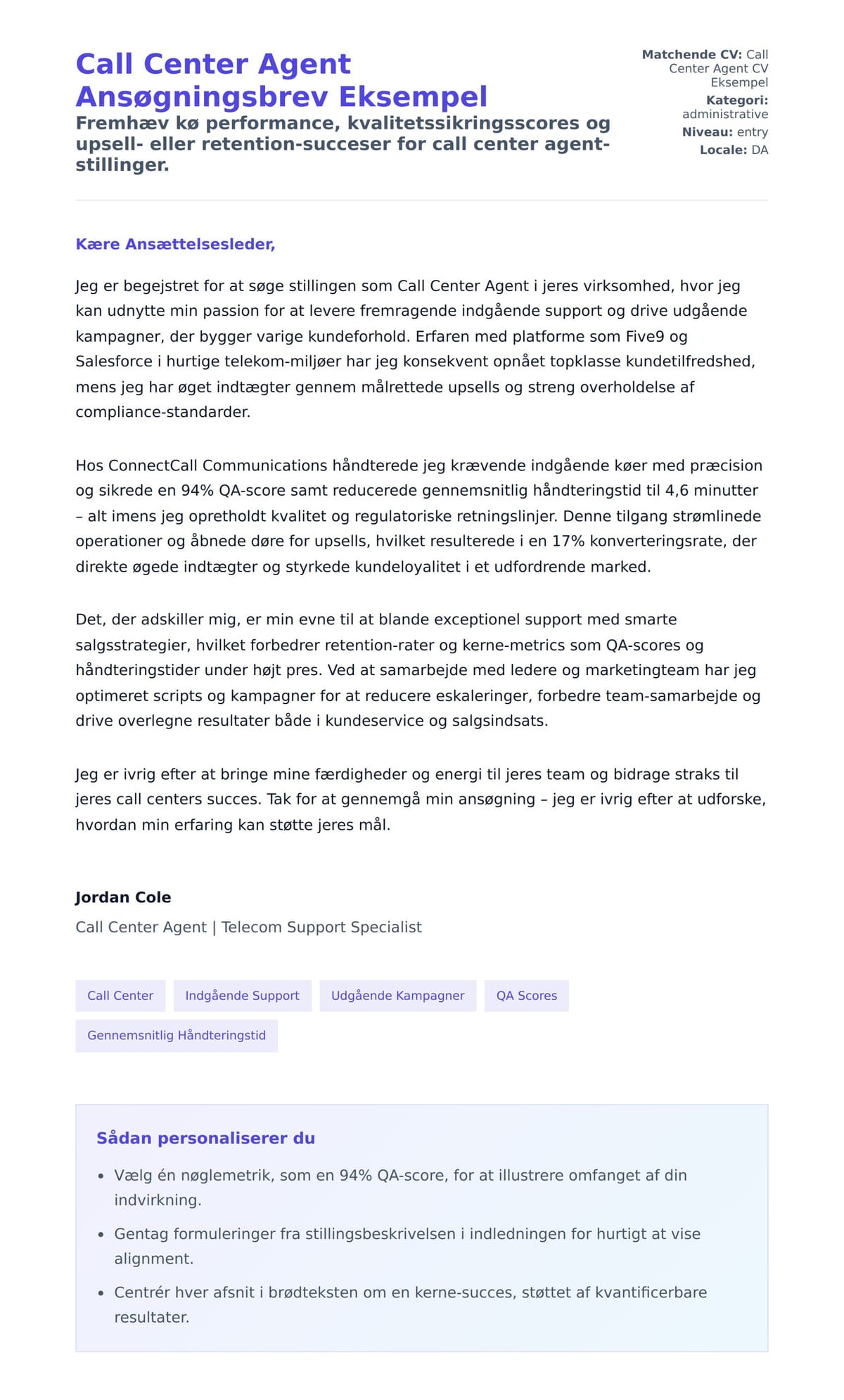 Call Center Agent Ansøgningsbrev Eksempel