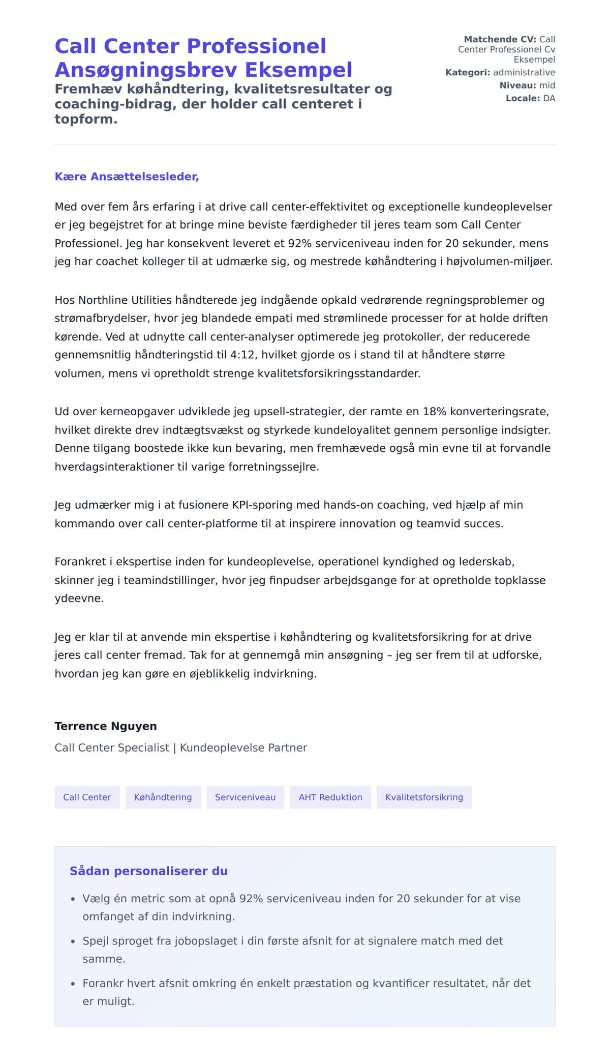 Call Center Professionel Ansøgningsbrev Eksempel