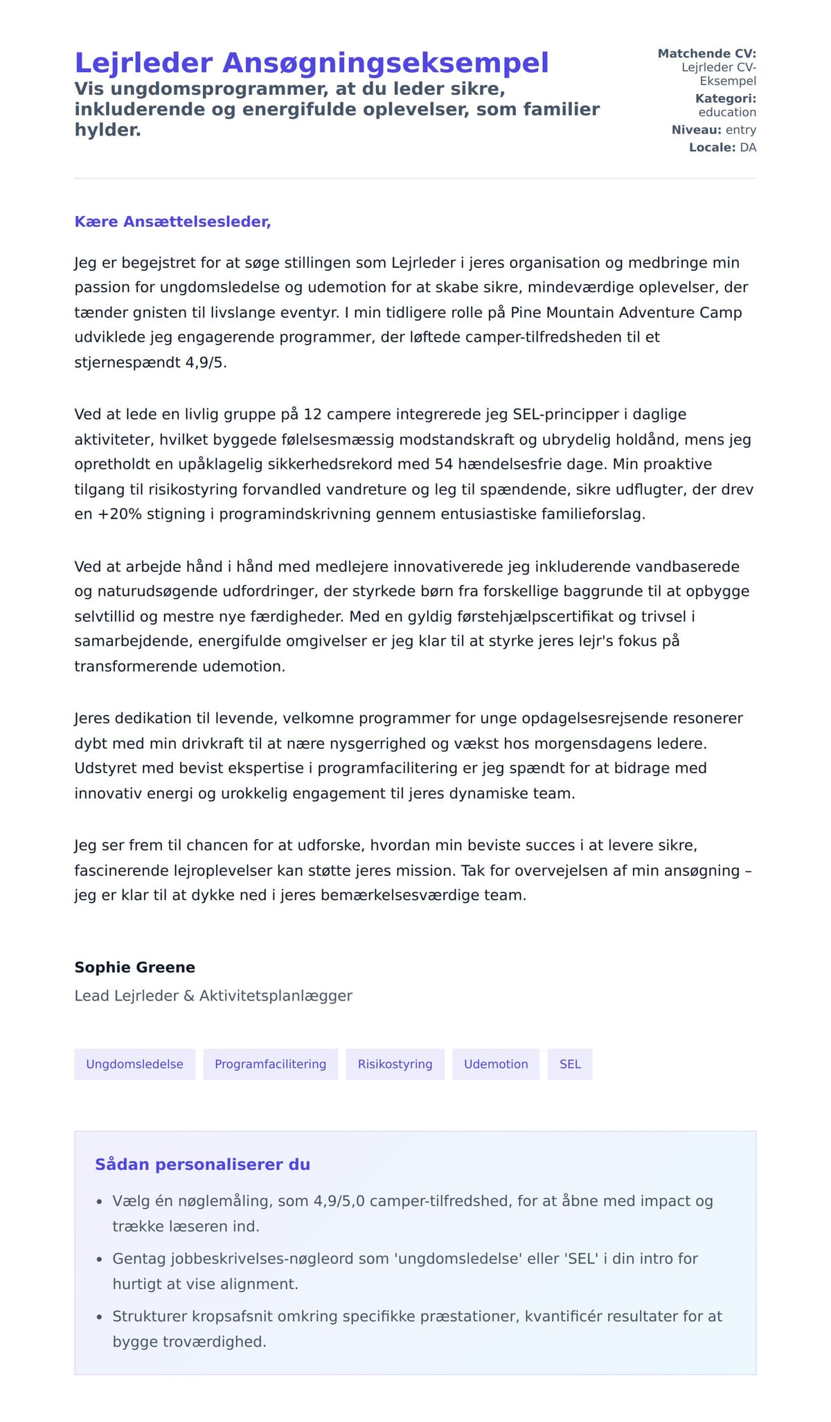 Ansøgningsbrev forhåndsvisning for Lejrleder Ansøgningseksempel