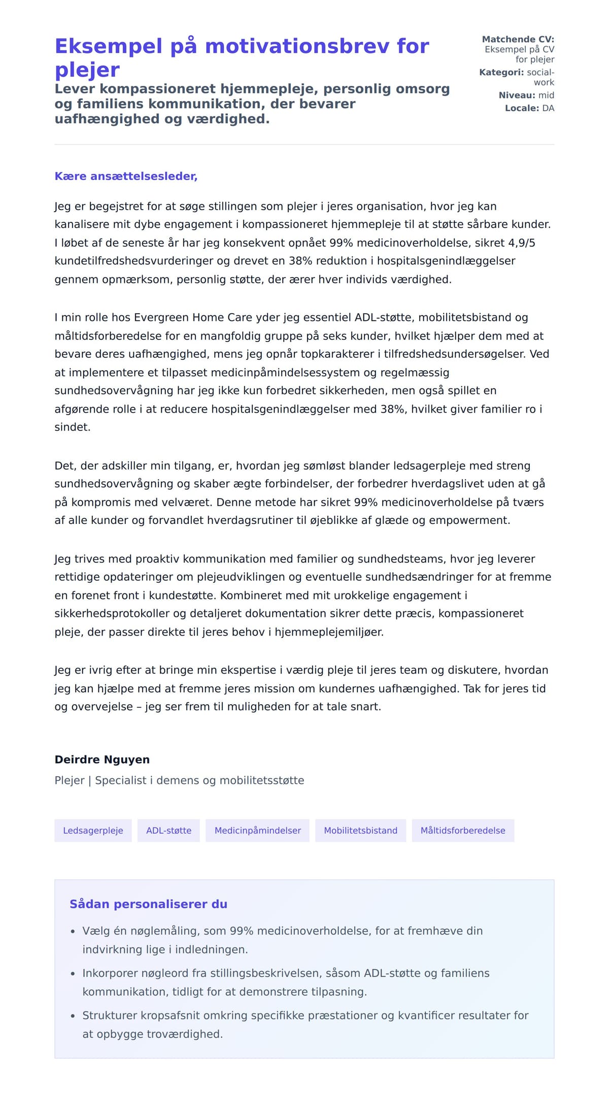 Ansøgningsbrev forhåndsvisning for Eksempel på motivationsbrev for plejer