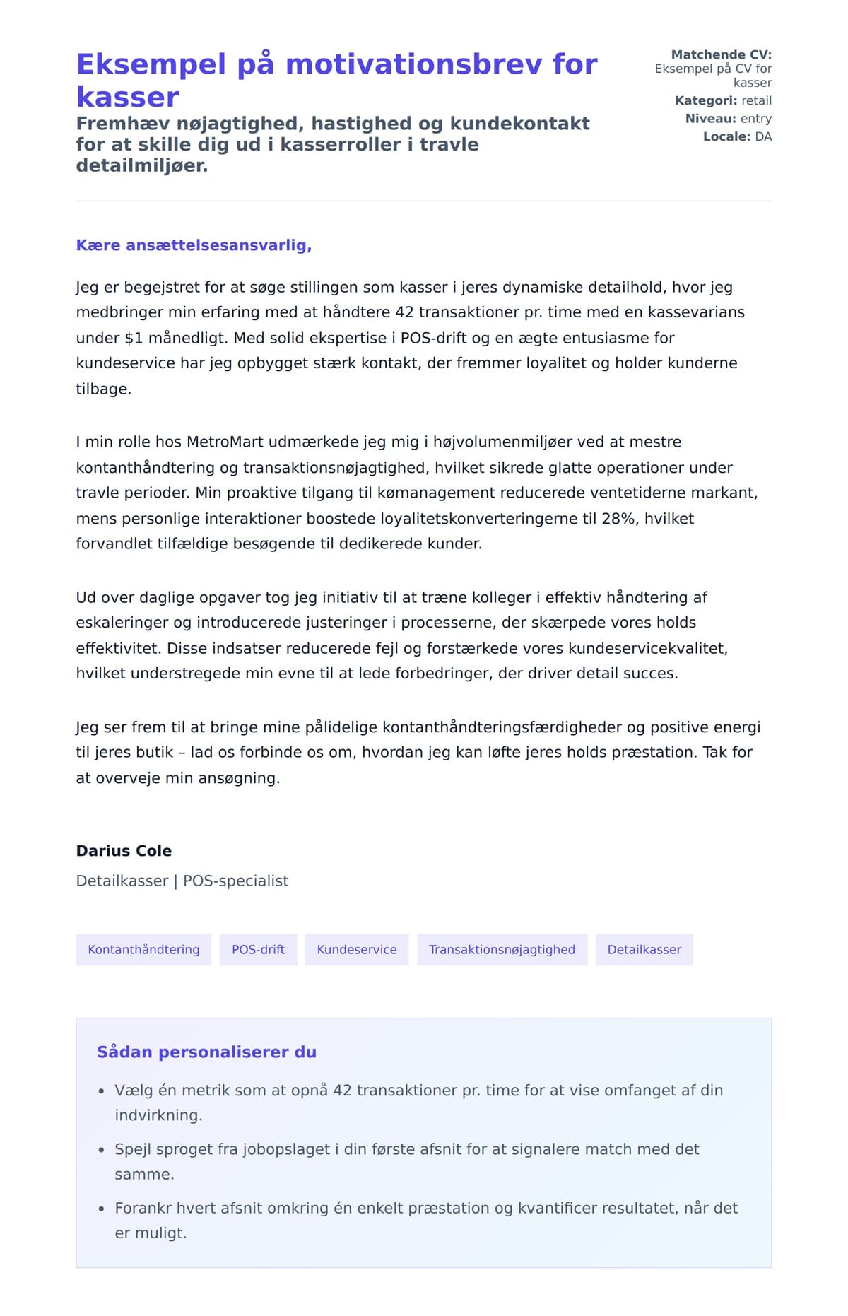 Ansøgningsbrev forhåndsvisning for Eksempel på motivationsbrev for kasser