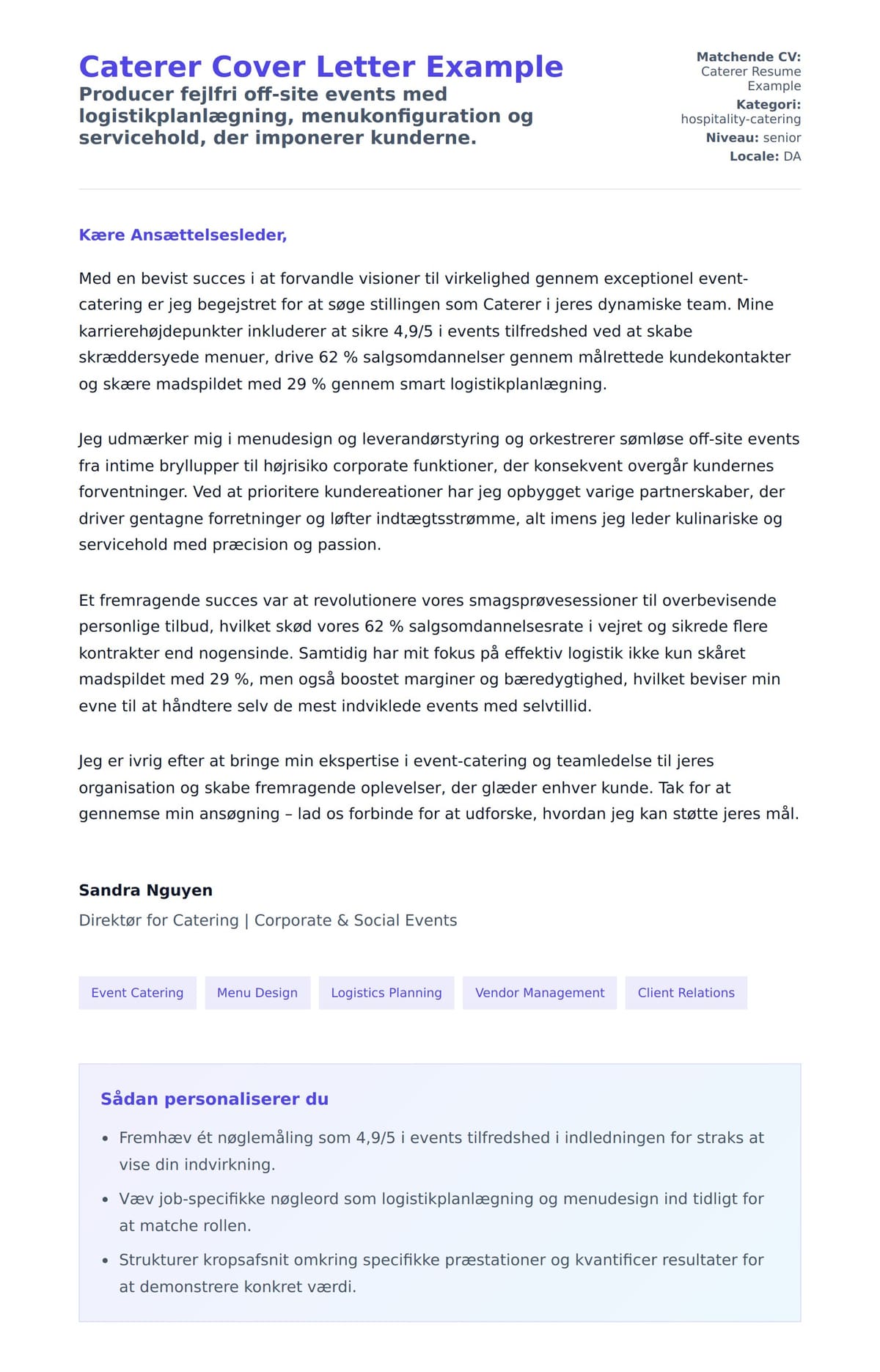 Ansøgningsbrev forhåndsvisning for Caterer Cover Letter Example