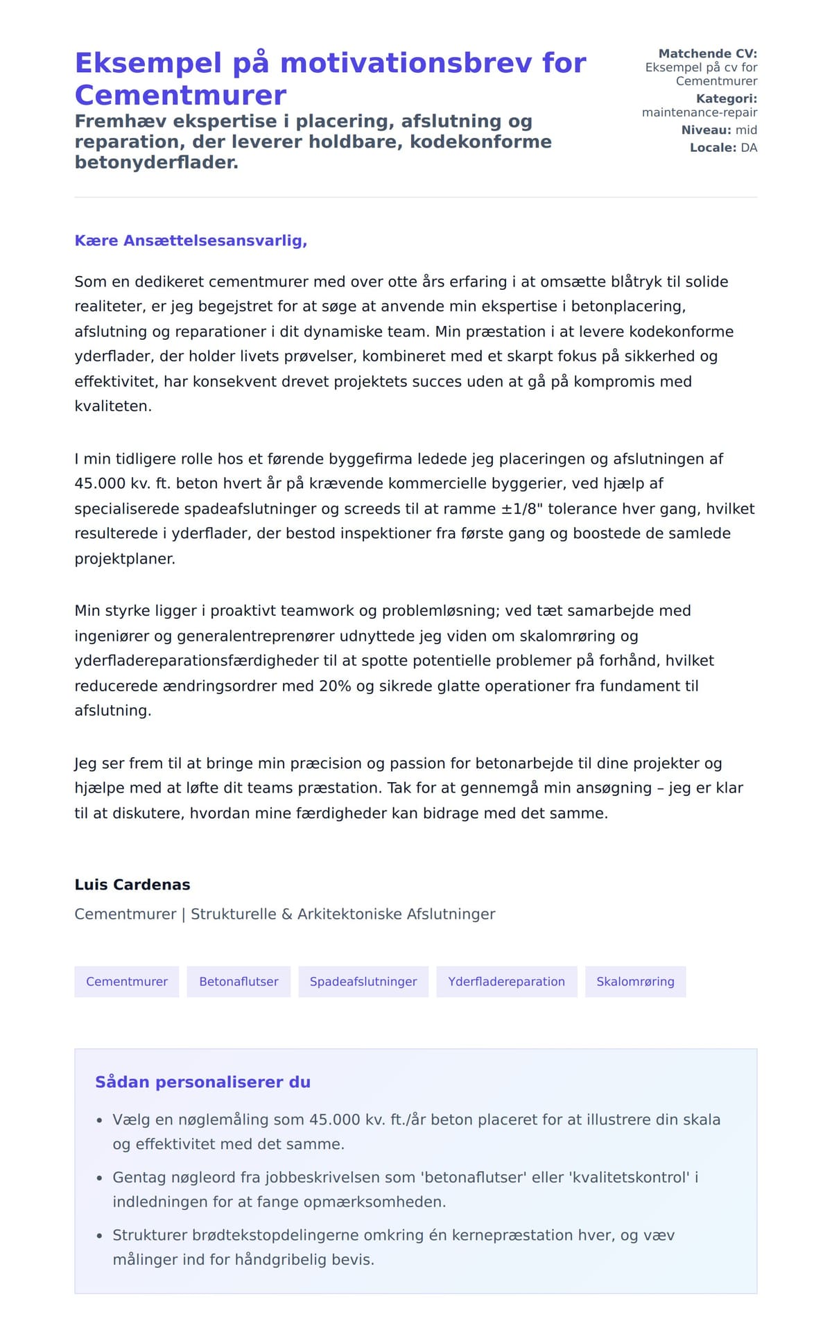 Ansøgningsbrev forhåndsvisning for Eksempel på motivationsbrev for Cementmurer