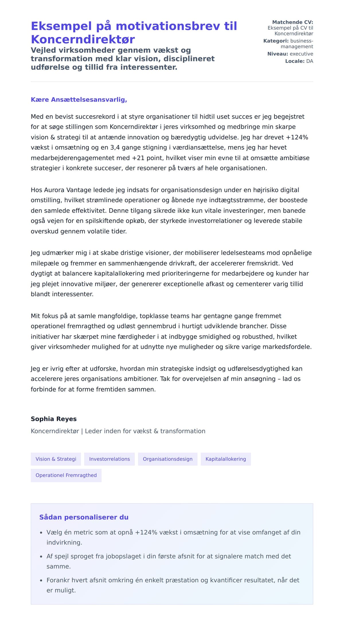 Ansøgningsbrev forhåndsvisning for Eksempel på motivationsbrev til Koncerndirektør