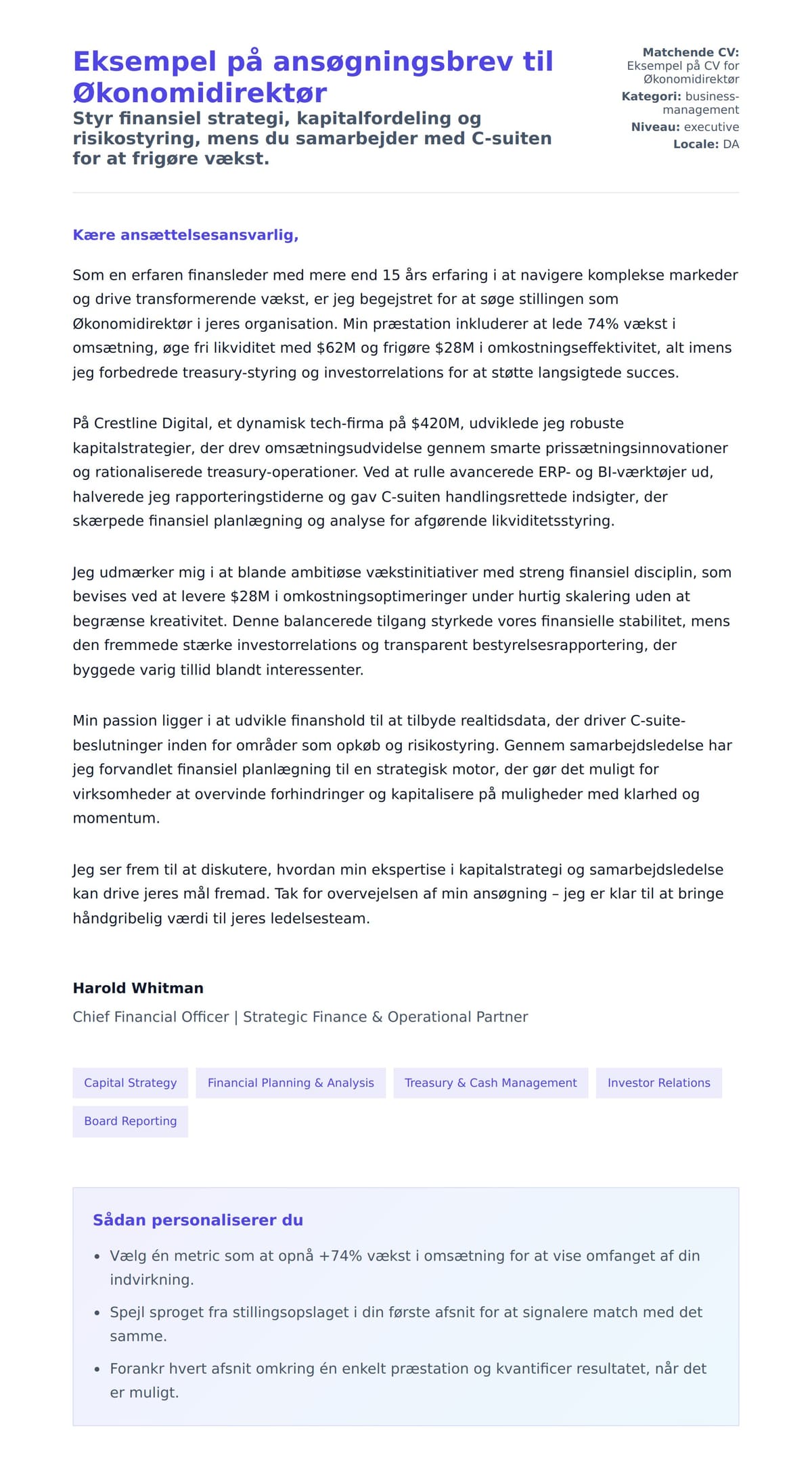 Ansøgningsbrev forhåndsvisning for Eksempel på ansøgningsbrev til Økonomidirektør
