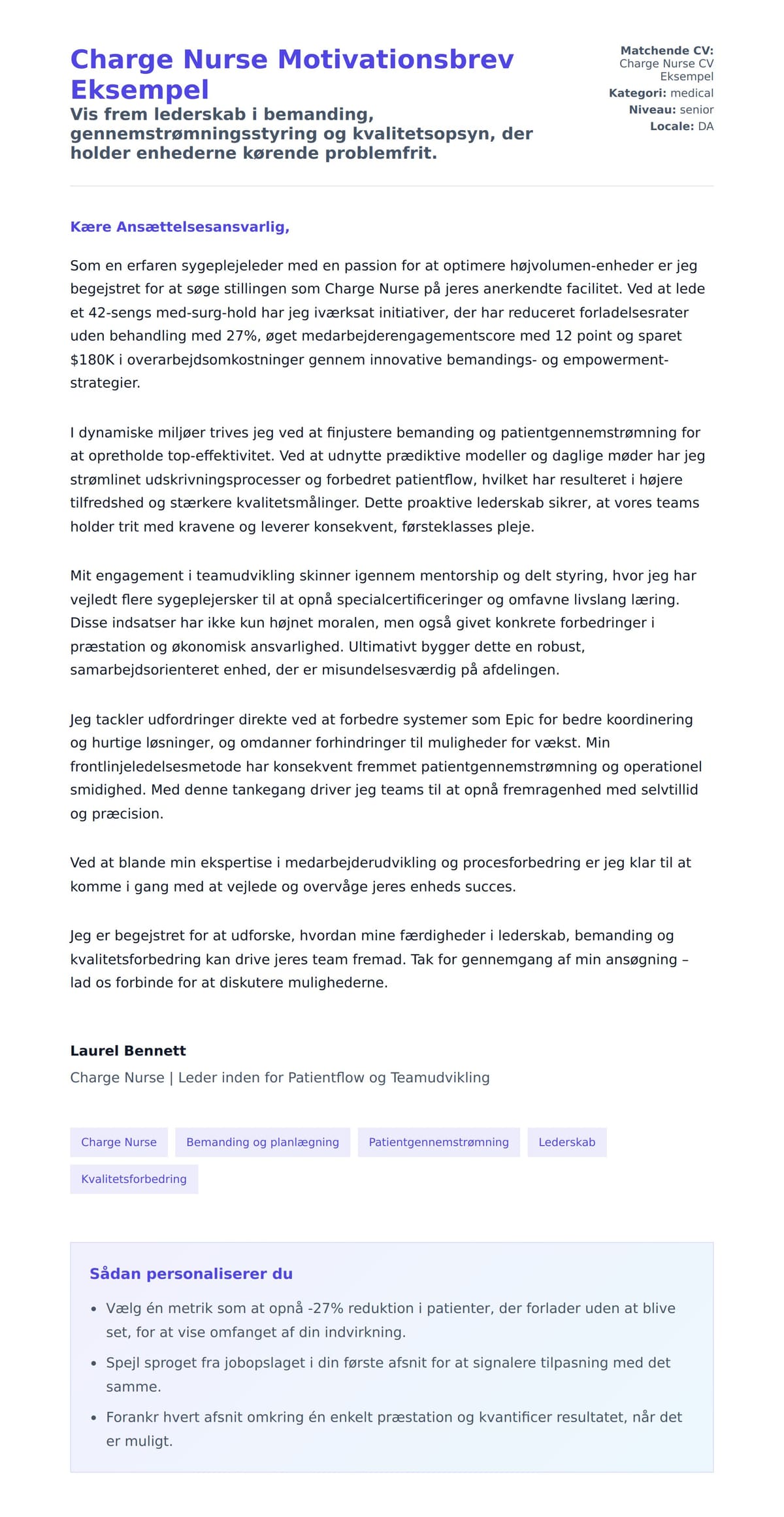 Ansøgningsbrev forhåndsvisning for Charge Nurse Motivationsbrev Eksempel