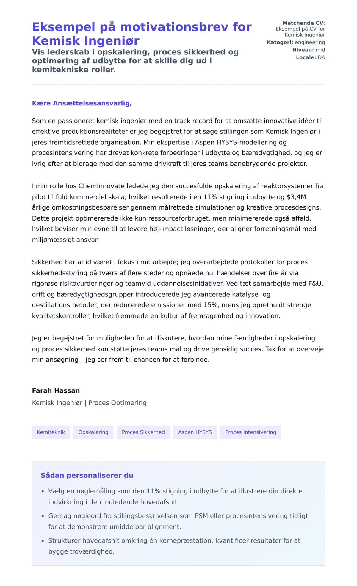 Ansøgningsbrev forhåndsvisning for Eksempel på motivationsbrev for Kemisk Ingeniør