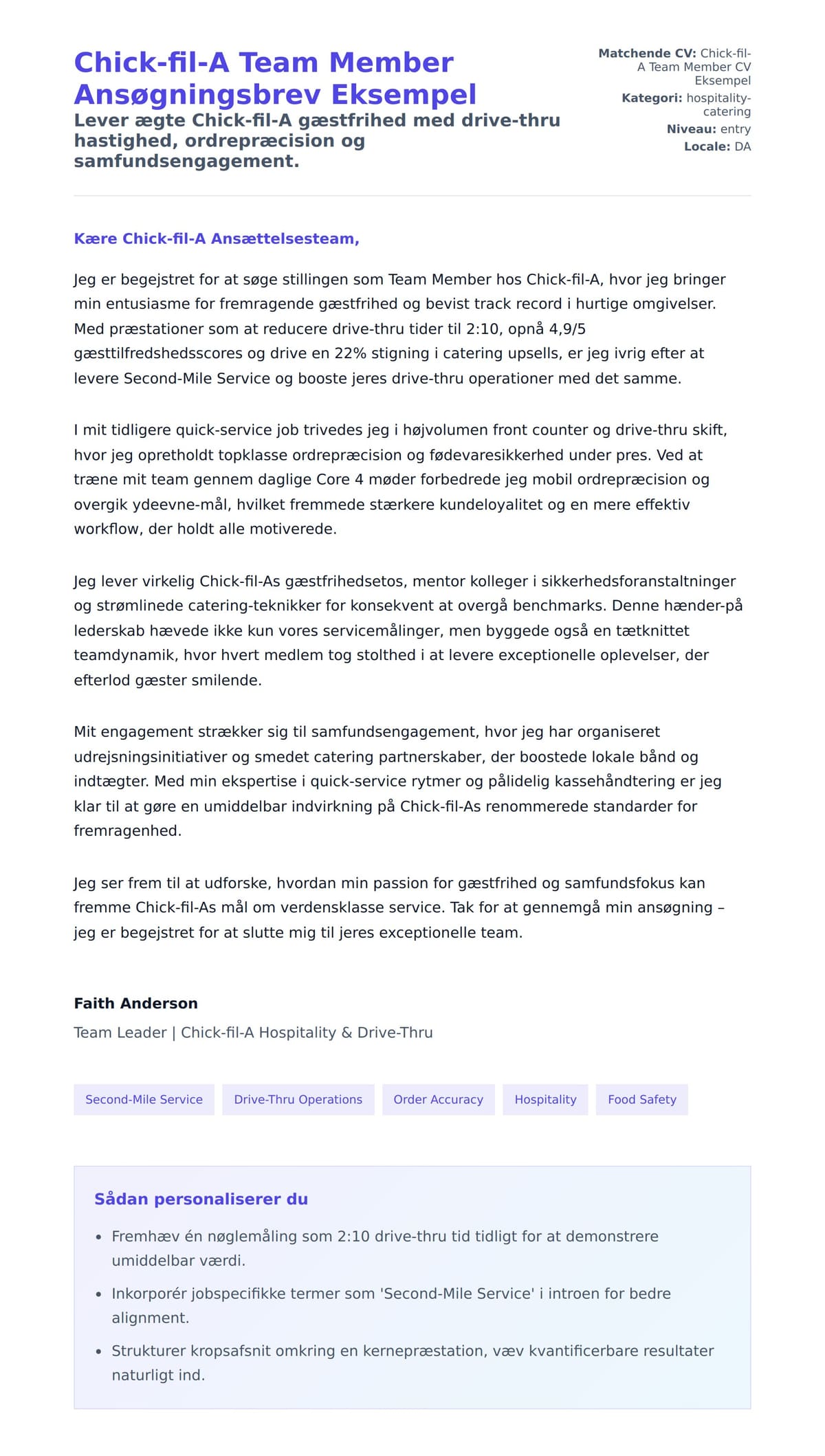 Ansøgningsbrev forhåndsvisning for Chick-fil-A Team Member Ansøgningsbrev Eksempel