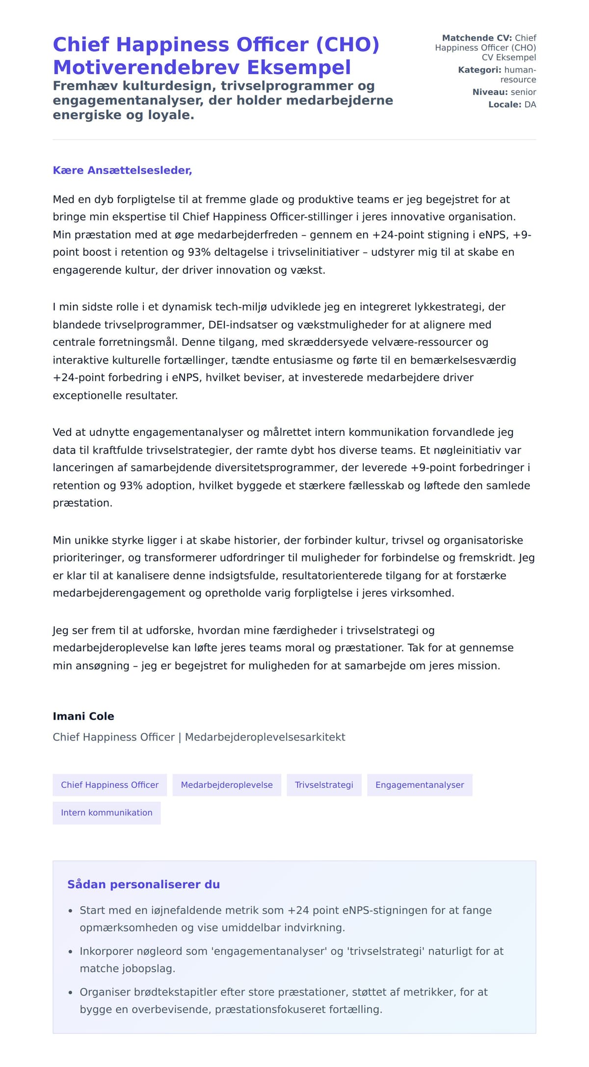 Ansøgningsbrev forhåndsvisning for Chief Happiness Officer (CHO) Motiverendebrev Eksempel