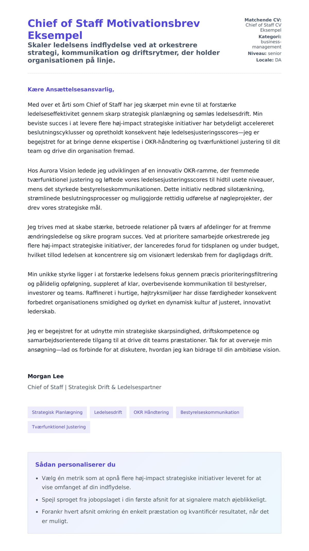 Ansøgningsbrev forhåndsvisning for Chief of Staff Motivationsbrev Eksempel