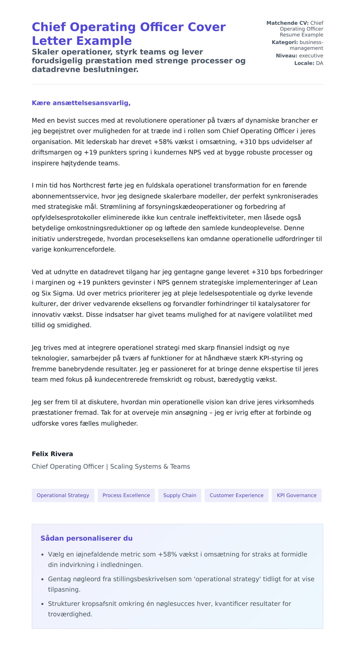 Ansøgningsbrev forhåndsvisning for Chief Operating Officer Cover Letter Example