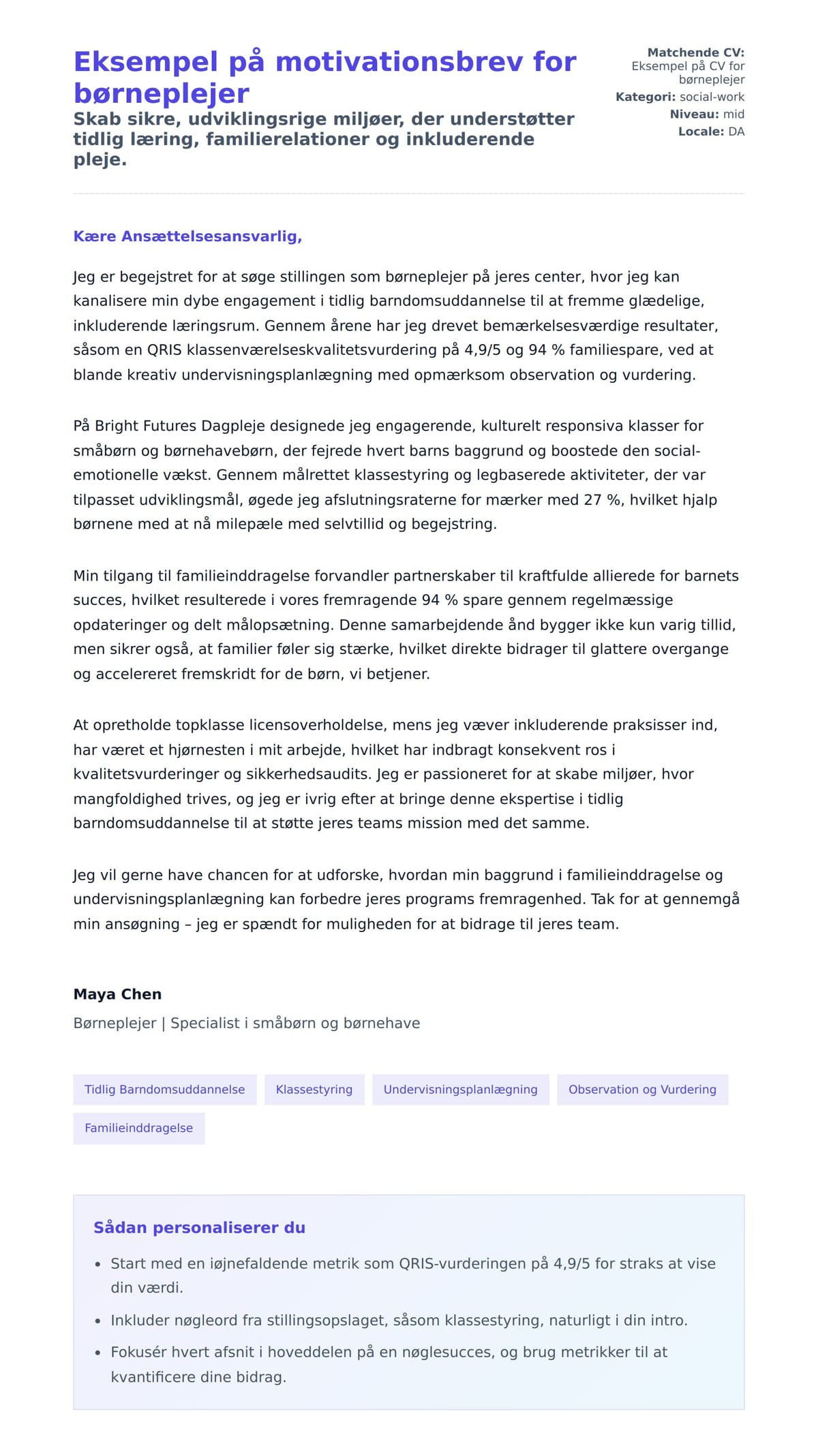 Ansøgningsbrev forhåndsvisning for Eksempel på motivationsbrev for børneplejer