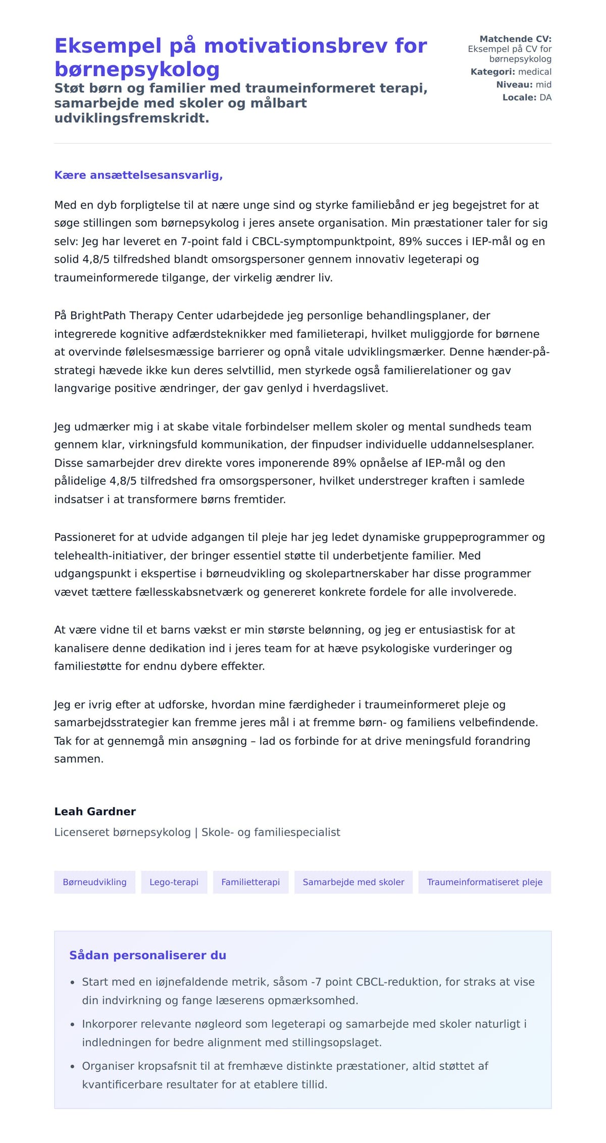 Ansøgningsbrev forhåndsvisning for Eksempel på motivationsbrev for børnepsykolog