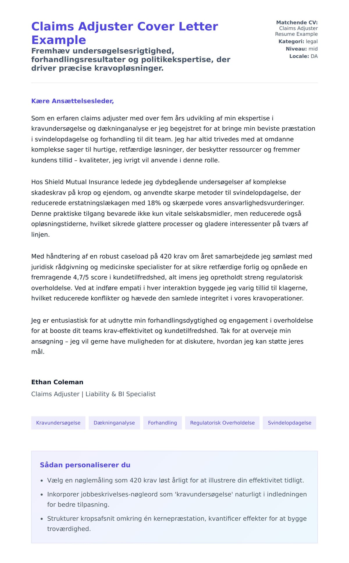 Ansøgningsbrev forhåndsvisning for Claims Adjuster Cover Letter Example