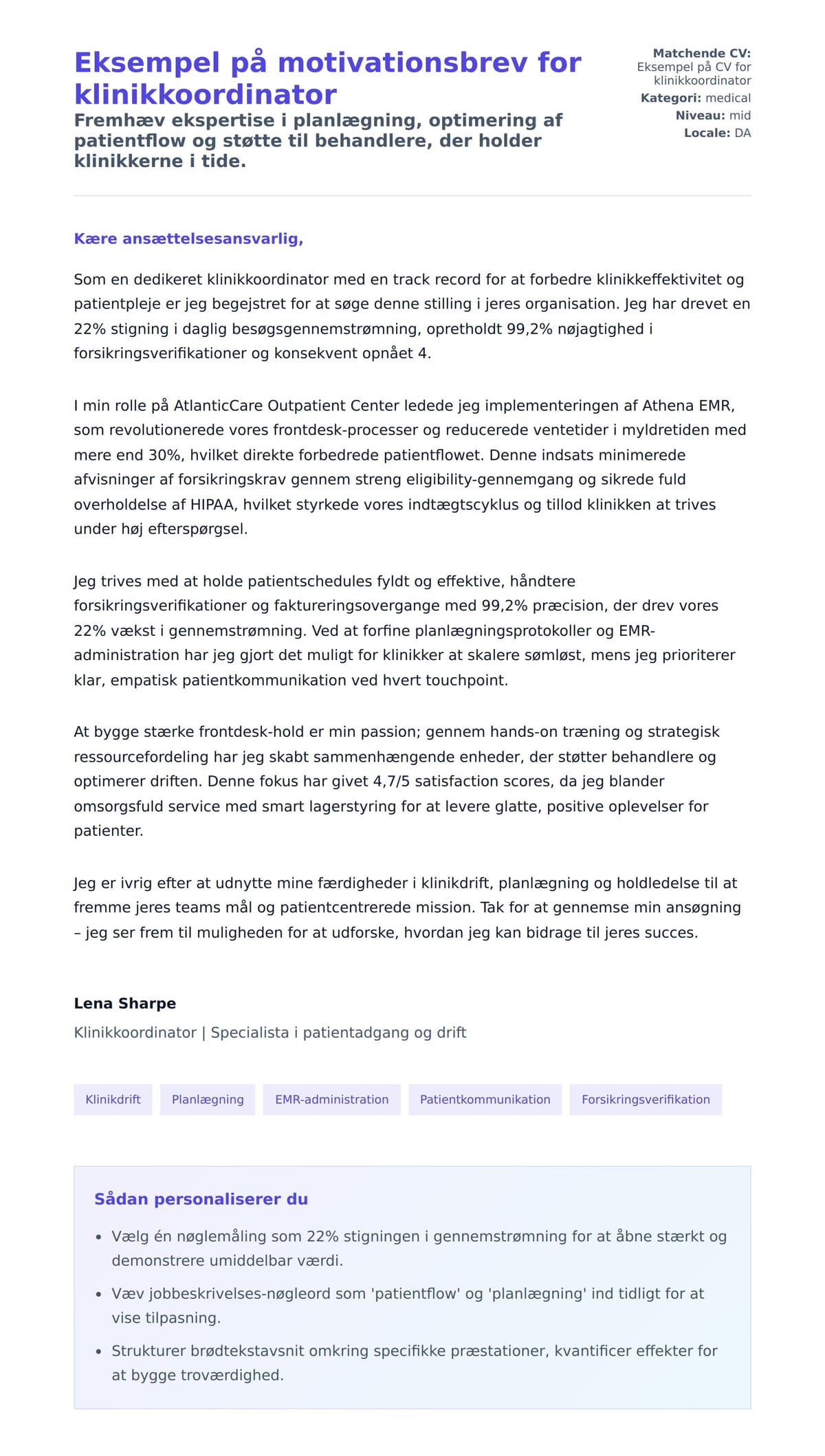 Ansøgningsbrev forhåndsvisning for Eksempel på motivationsbrev for klinikkoordinator