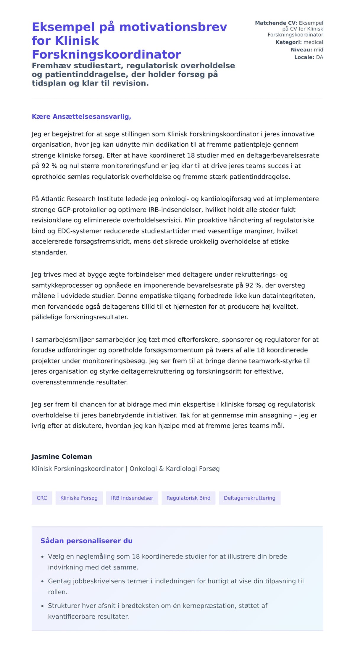 Ansøgningsbrev forhåndsvisning for Eksempel på motivationsbrev for Klinisk Forskningskoordinator