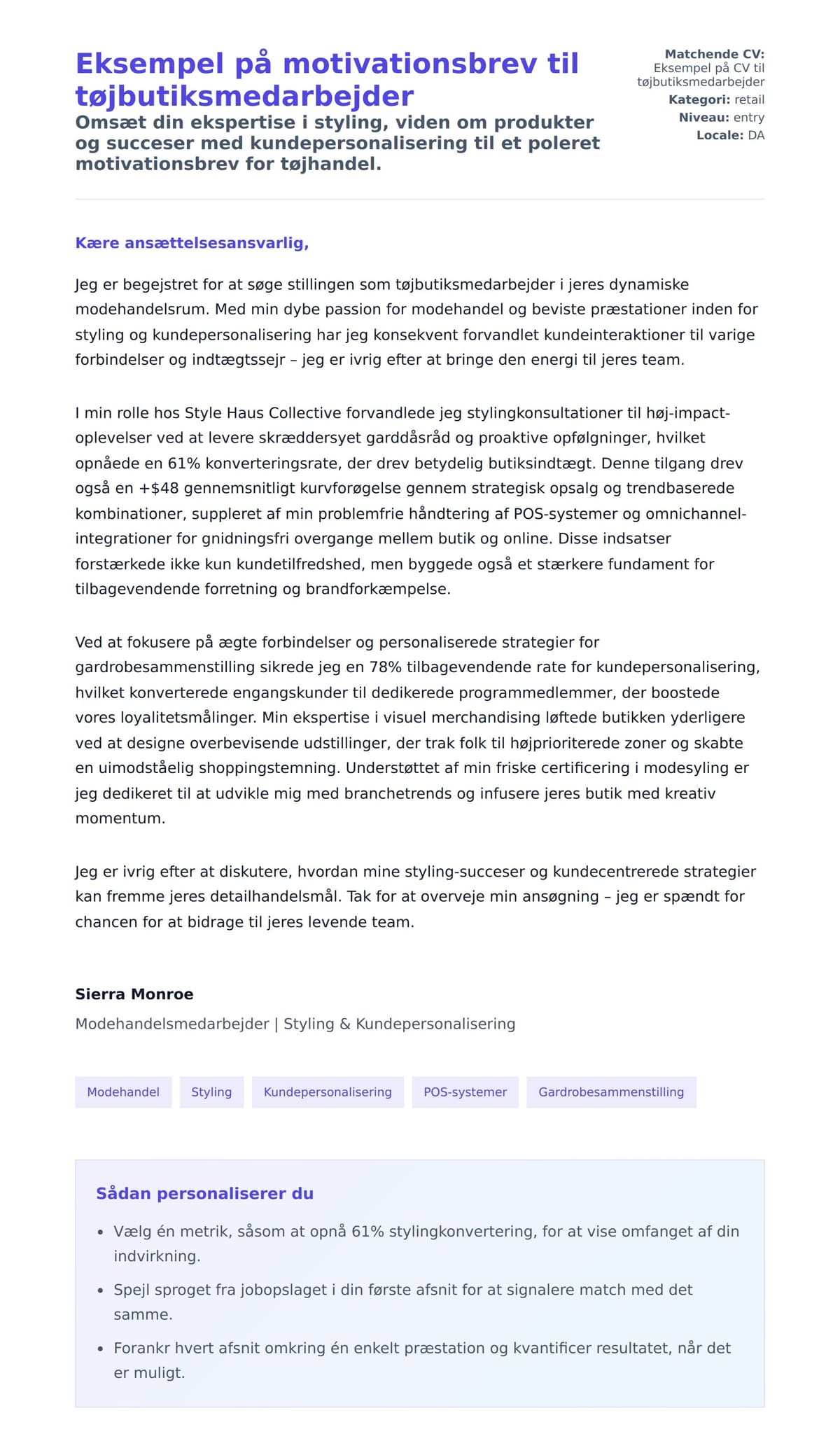 Ansøgningsbrev forhåndsvisning for Eksempel på motivationsbrev til tøjbutiksmedarbejder