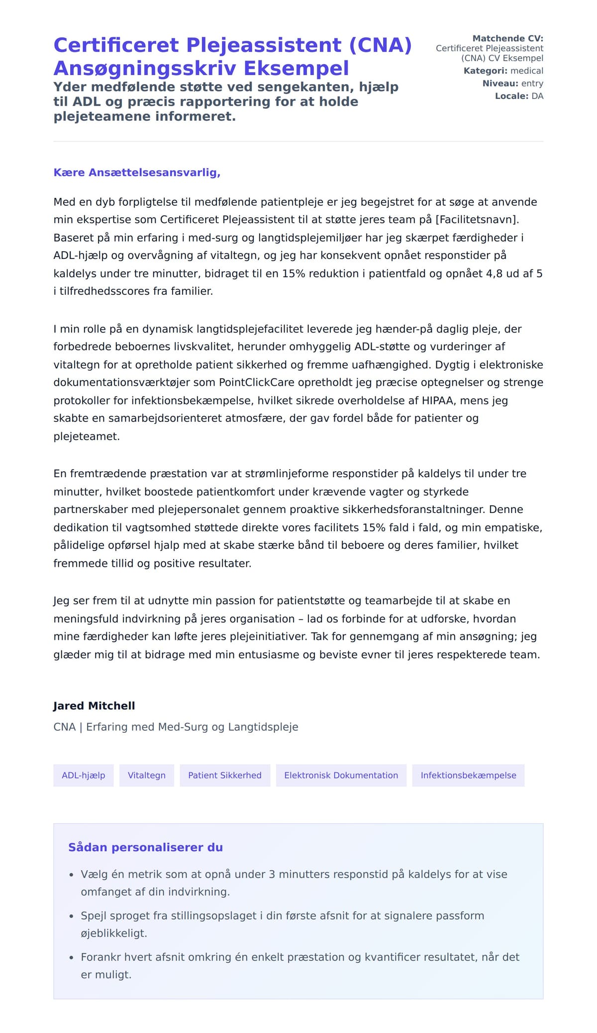 Ansøgningsbrev forhåndsvisning for Certificeret Plejeassistent (CNA) Ansøgningsskriv Eksempel