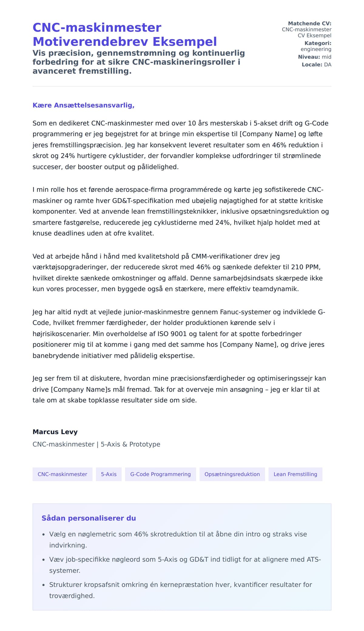 Ansøgningsbrev forhåndsvisning for CNC-maskinmester Motiverendebrev Eksempel