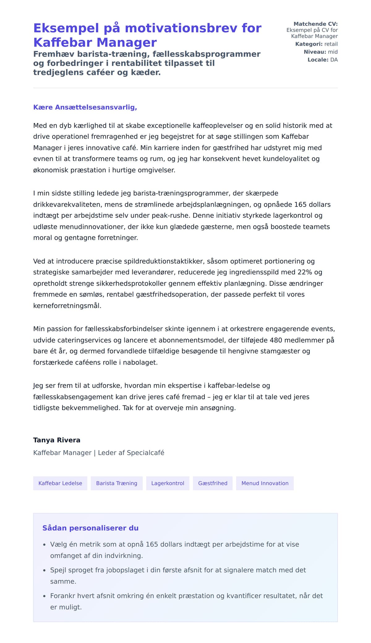 Ansøgningsbrev forhåndsvisning for Eksempel på motivationsbrev for Kaffebar Manager