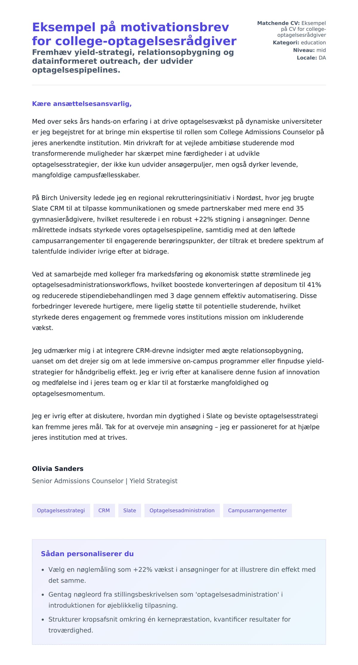 Ansøgningsbrev forhåndsvisning for Eksempel på motivationsbrev for college-optagelsesrådgiver