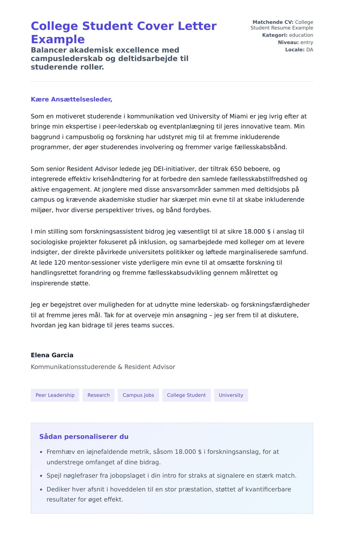 Ansøgningsbrev forhåndsvisning for College Student Cover Letter Example