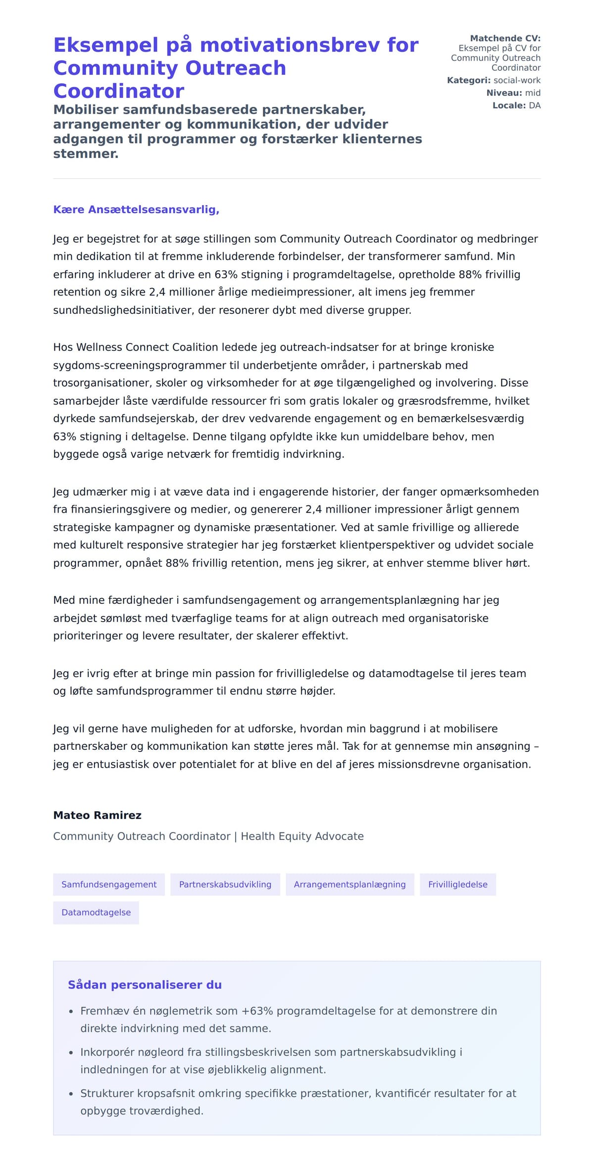 Ansøgningsbrev forhåndsvisning for Eksempel på motivationsbrev for Community Outreach Coordinator