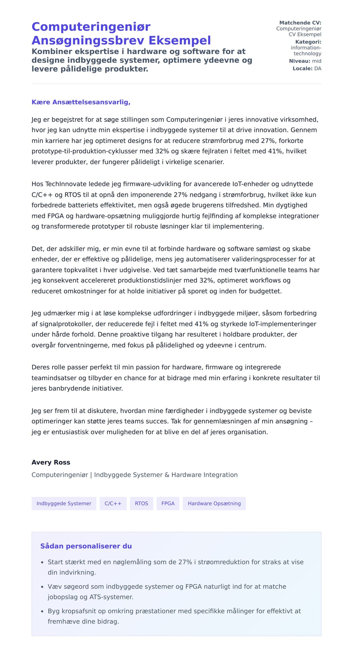 Ansøgningsbrev forhåndsvisning for Computeringeniør Ansøgningssbrev Eksempel