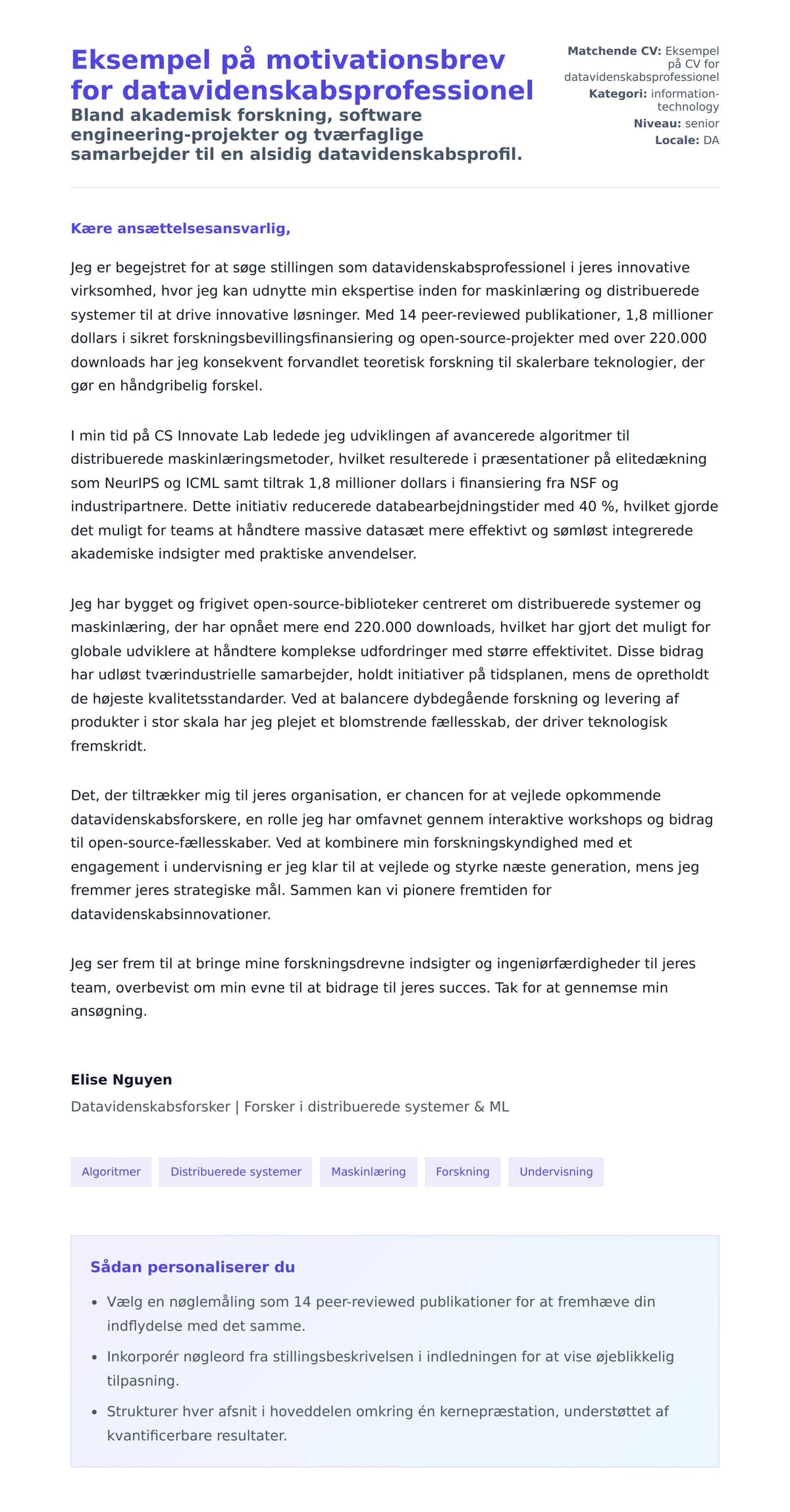 Ansøgningsbrev forhåndsvisning for Eksempel på motivationsbrev for datavidenskabsprofessionel
