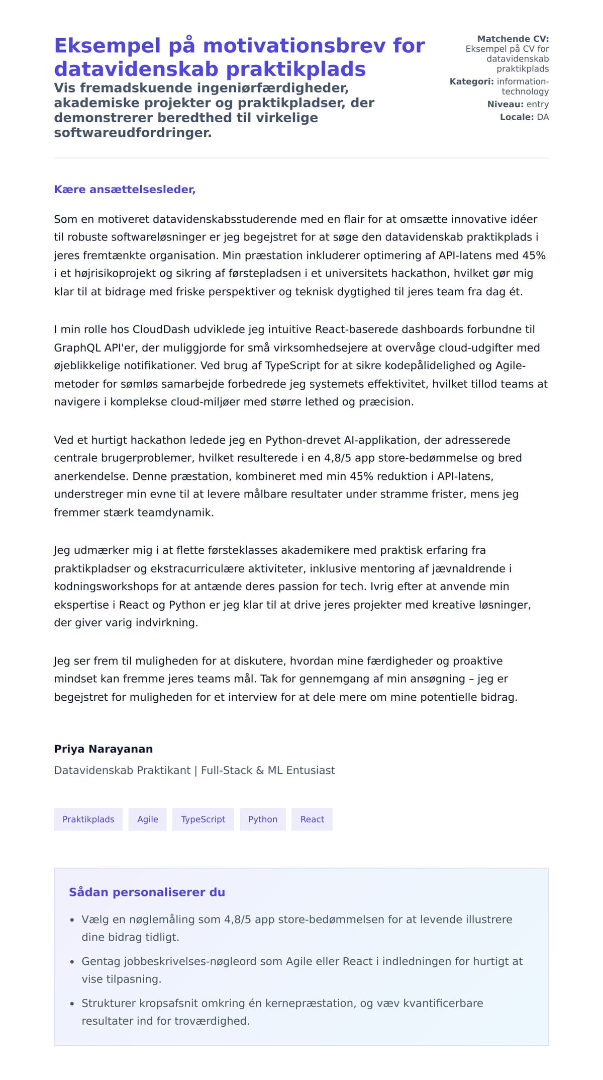 Ansøgningsbrev forhåndsvisning for Eksempel på motivationsbrev for datavidenskab praktikplads