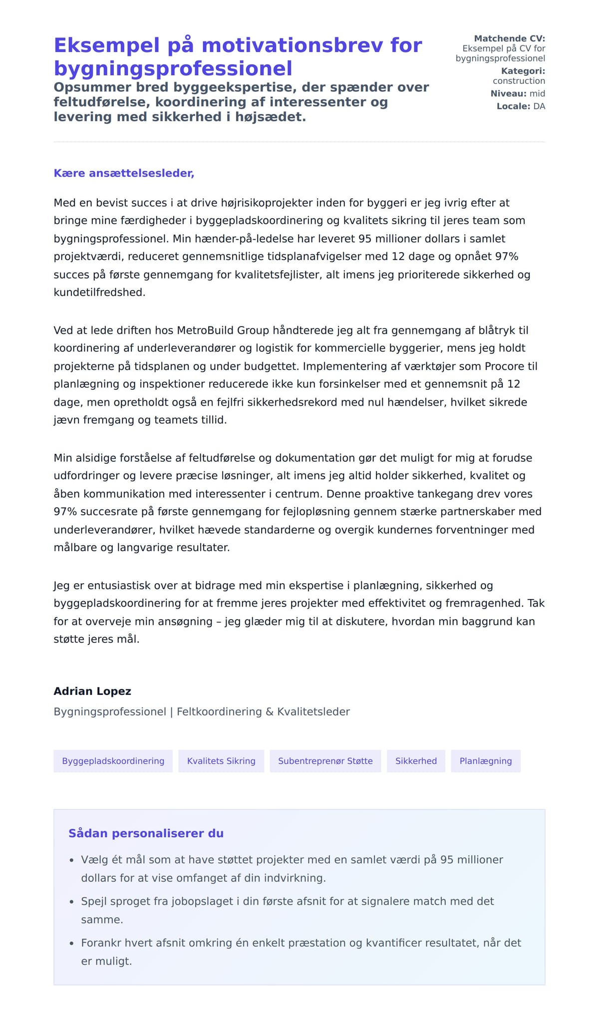 Ansøgningsbrev forhåndsvisning for Eksempel på motivationsbrev for bygningsprofessionel