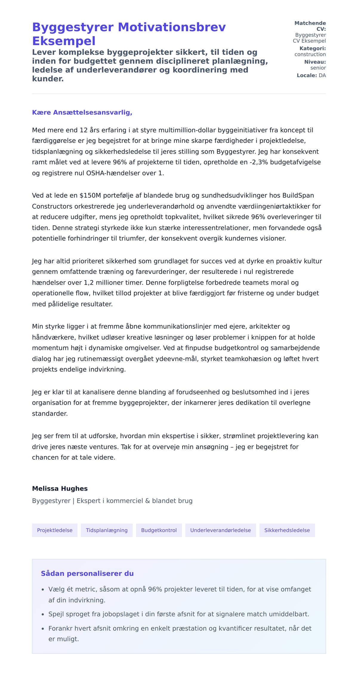 Ansøgningsbrev forhåndsvisning for Byggestyrer Motivationsbrev Eksempel